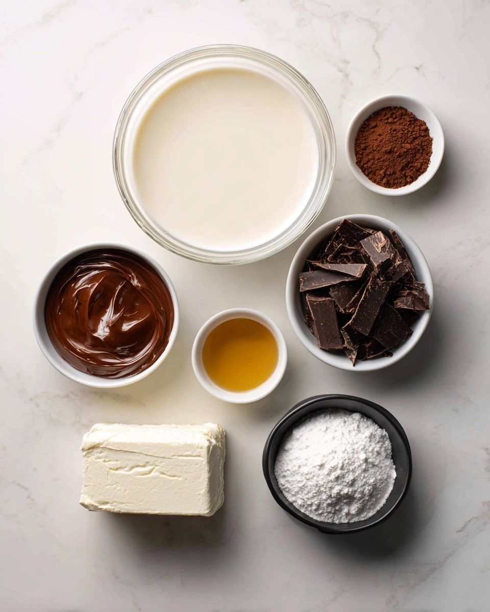 A top view image of several bowls with baking ingredients arranged on a white marbled surface. In the center is a large clear glass bowl filled with pale cream liquid. To the left, a small white bowl contains smooth, rich chocolate spread with a shiny surface. Below it, a white bowl holds a block of soft cream cheese off-white in color. To the right of the cream cheese, a small white bowl has a few tablespoons of golden vanilla extract. Beside it, a larger white bowl holds small, dark brown chocolate shavings with a slightly rough texture. At the bottom right, a black bowl contains powdered white sugar with a soft, fine texture. Lastly, a tiny white bowl at the very bottom holds cocoa powder, dark brown and slightly powdery. photo taken with an iphone --ar 4:5 --v 7