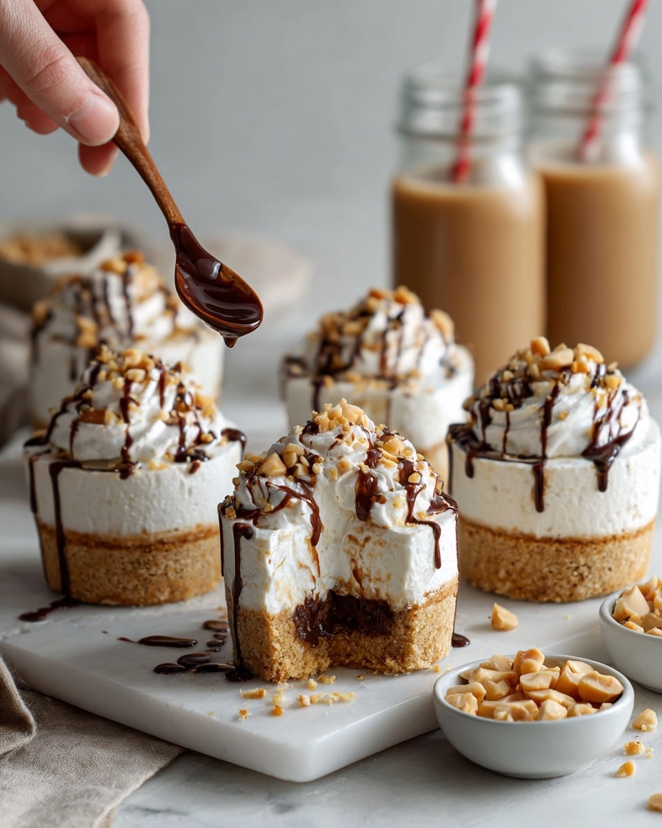 The image shows eight small dessert cups placed on a white marbled surface. Each dessert cup has three layers: a crumbly golden brown base, a thick white creamy topping, and is finished with a drizzle of dark brown chocolate and small crunchy nut pieces sprinkled on top. In the background, there is a clear glass jar filled with more crunchy nuts and two glass bottles filled with chocolate milk, each with a red and white striped straw. In the foreground, a wooden spoon holds a smooth dark brown chocolate spread. The scene is bright and clean with a focus on the mini desserts. Photo taken with an iphone --ar 4:5 --v 7