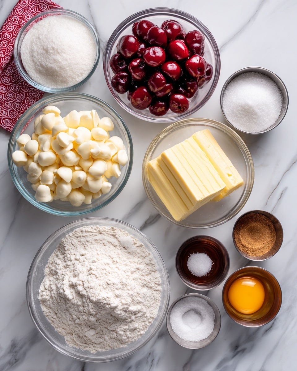 The image shows nine clear glass bowls and small metal cups arranged on a white marbled surface. There is a large bowl of white flour at the bottom center and next to it on the left is a bowl full of white chocolate chips. Above the flour is a bowl with three thick slices of butter stacked on top of each other. To the right of the butter is a bowl with a single raw egg, yellow yolk visible. Above that is a bowl filled with bright red cherries. To the far left and above the chocolate chips is a bowl filled with white sugar. Surrounding them are small metal cups holding salt, brown sugar, vanilla extract, and baking powder. On the top right corner, part of a red and white towel with a circle pattern is visible. Photo taken with an iphone --ar 4:5 --v 7