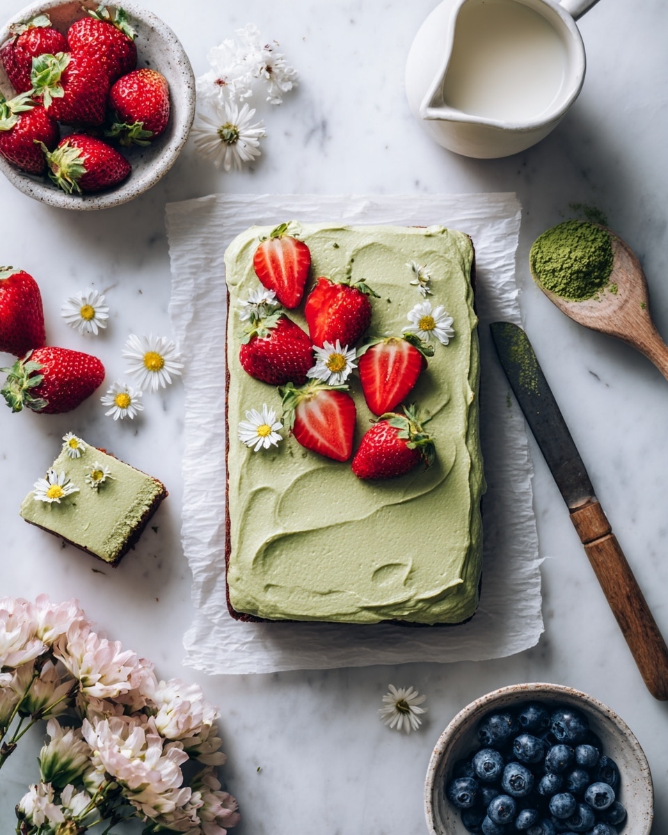 A square piece of light brown cake sits in the center of a white plate, topped with a thick, smooth layer of bright green frosting spread in soft swirls. On top of the frosting, there are three small white flowers placed delicately. Below the cake on the plate, two bright red strawberry halves with green leaves face upwards, adding a pop of color. The plate rests on a white marbled surface. Near the top right, part of another cake slice with green frosting is visible. A small white cup is partly visible in the top left corner. Photo taken with an iphone --ar 4:5 --v 7