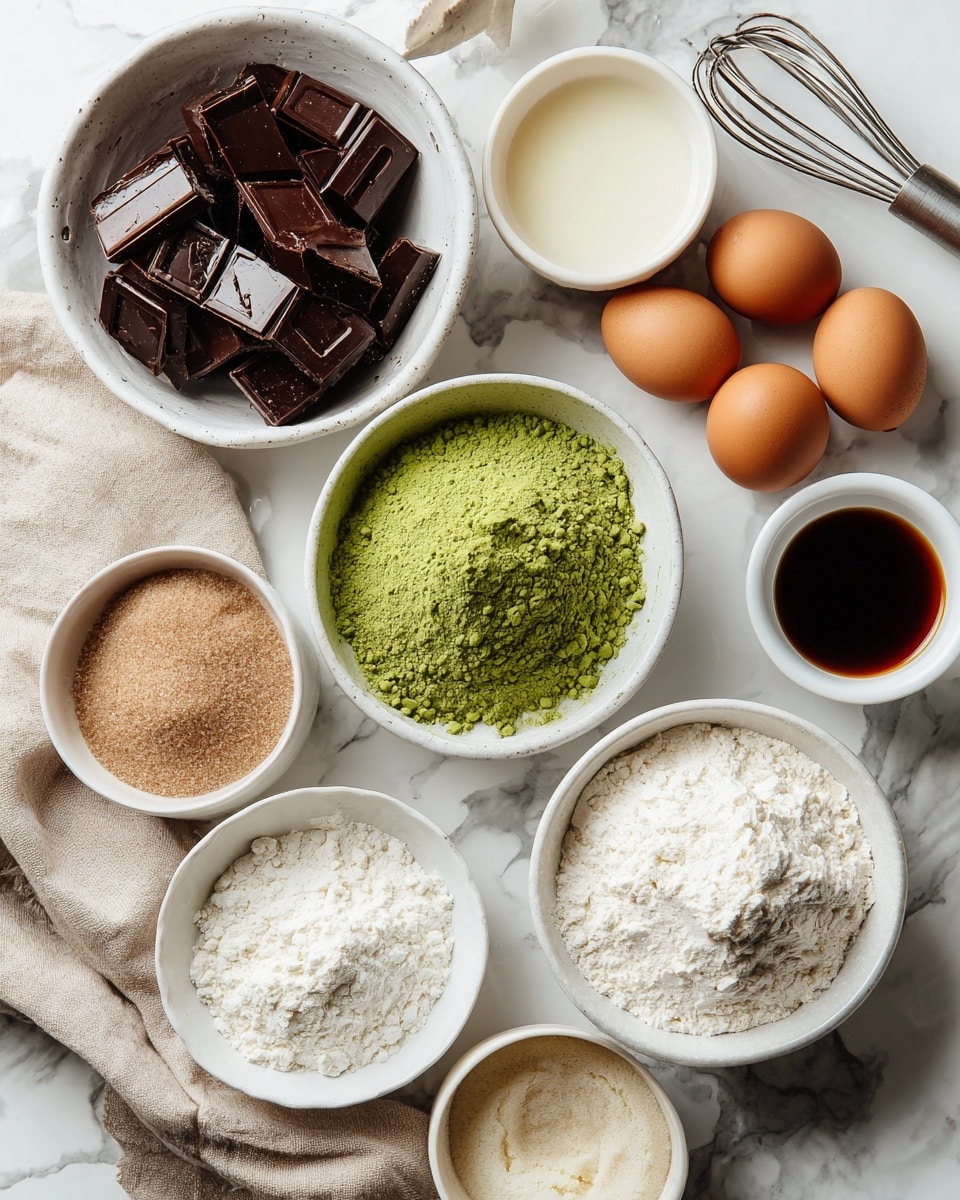 The image shows a white marbled surface with several white bowls and two brown eggs placed on it. One bowl contains a dark mixture of large chocolate pieces, another bowl has a bright green powder, and a third bowl holds white flour. There is also a bowl of light brown sugar and a small bowl with a dark liquid, likely vanilla. Two white bowls contain a beige powder and a creamy white mixture. A metal whisk and a beige cloth are placed near the eggs. The overall scene is bright and clean, with the ingredients neatly arranged in a flat lay. Photo taken with an iphone --ar 4:5 --v 7