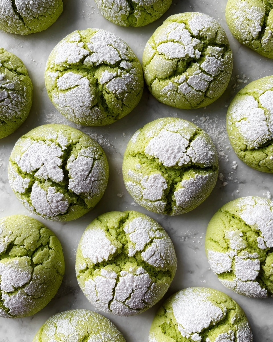 A close-up view of a stack of three green crinkle cookies with a cracked texture, each cookie sprinkled unevenly with white powdered sugar patches on top and sides, resting on a white marbled surface. Two more cookies lie flat in the blurred background, showing the same green color and powdered sugar pattern. The cookies have a soft, slightly uneven round shape with a textured surface, highlighting their homemade look. photo taken with an iphone --ar 4:5 --v 7