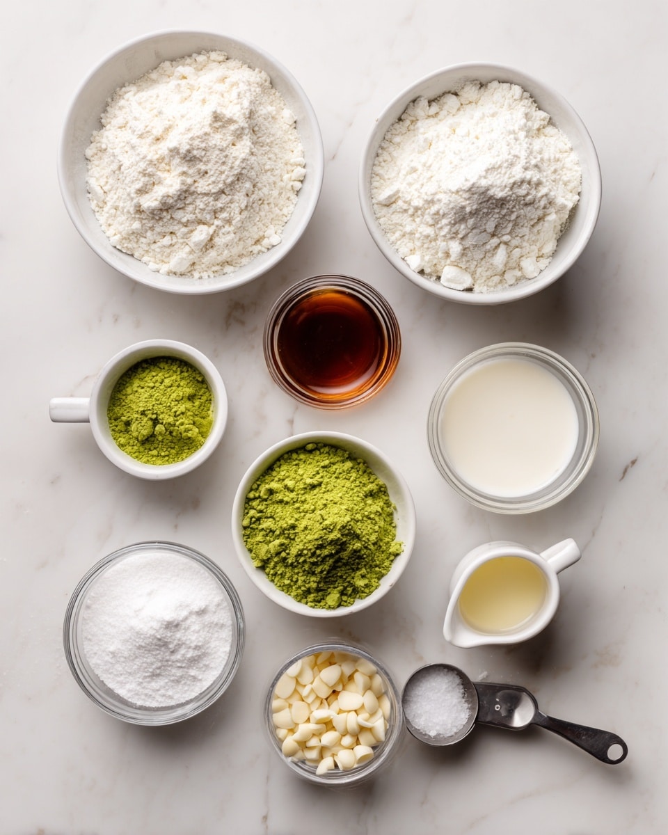 The image shows a top view of various ingredients placed on a white marbled surface. At the top center, there is a white bowl filled with white gluten-free flour powder. To its right is a small clear glass bowl with white baking powder. Below the flour, to the left, is another small clear glass bowl with white salt. Next to the salt, at bottom left, a white bowl holds white powdered sugar. Moving to the center right side, a small white bowl contains bright green matcha powder. Below the matcha powder, a white measuring cup holds dark amber maple syrup. To the right of the maple syrup, a white bowl has white almond milk, and below it, a small clear glass bowl holds light brown vanilla extract. At the bottom right corner, a metal measuring cup contains small white white chocolate chips labeled optional. Additionally, a small clear bowl with light yellow coconut oil is placed between the salt and maple syrup. All items appear neatly arranged and labeled, giving a clean and organized view of ingredients. Photo taken with an iphone --ar 4:5 --v 7