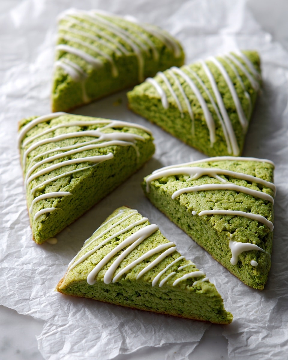 The image shows several triangular green scones arranged on crinkled white parchment paper that lays on a white marbled surface. Each scone is decorated with a shiny white glaze drizzled in thin, irregular lines across the top. The green scones have a slightly cracked texture, showing a soft and dense inside. The scones are positioned in a scattered way, filling most of the frame with close-up detail. photo taken with an iphone --ar 4:5 --v 7