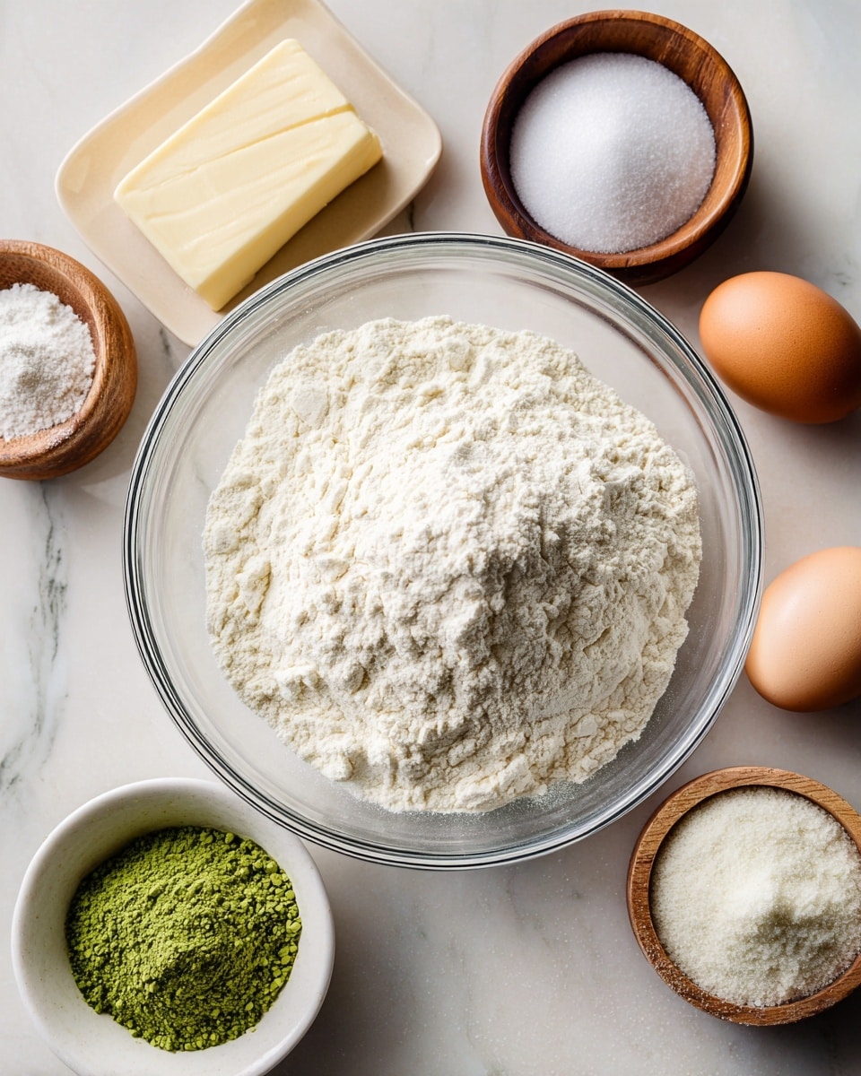 A clear glass bowl filled with a large pile of fine white flour sits on a white marbled surface, surrounded by baking ingredients including a stick of pale yellow butter, two brown eggs, a small wooden bowl with white sugar, another wooden bowl holding a mix of white baking powder and salt, and a small white bowl containing bright green matcha powder, all arranged neatly with visible textures and natural lighting, photo taken with an iphone --ar 4:5 --v 7
