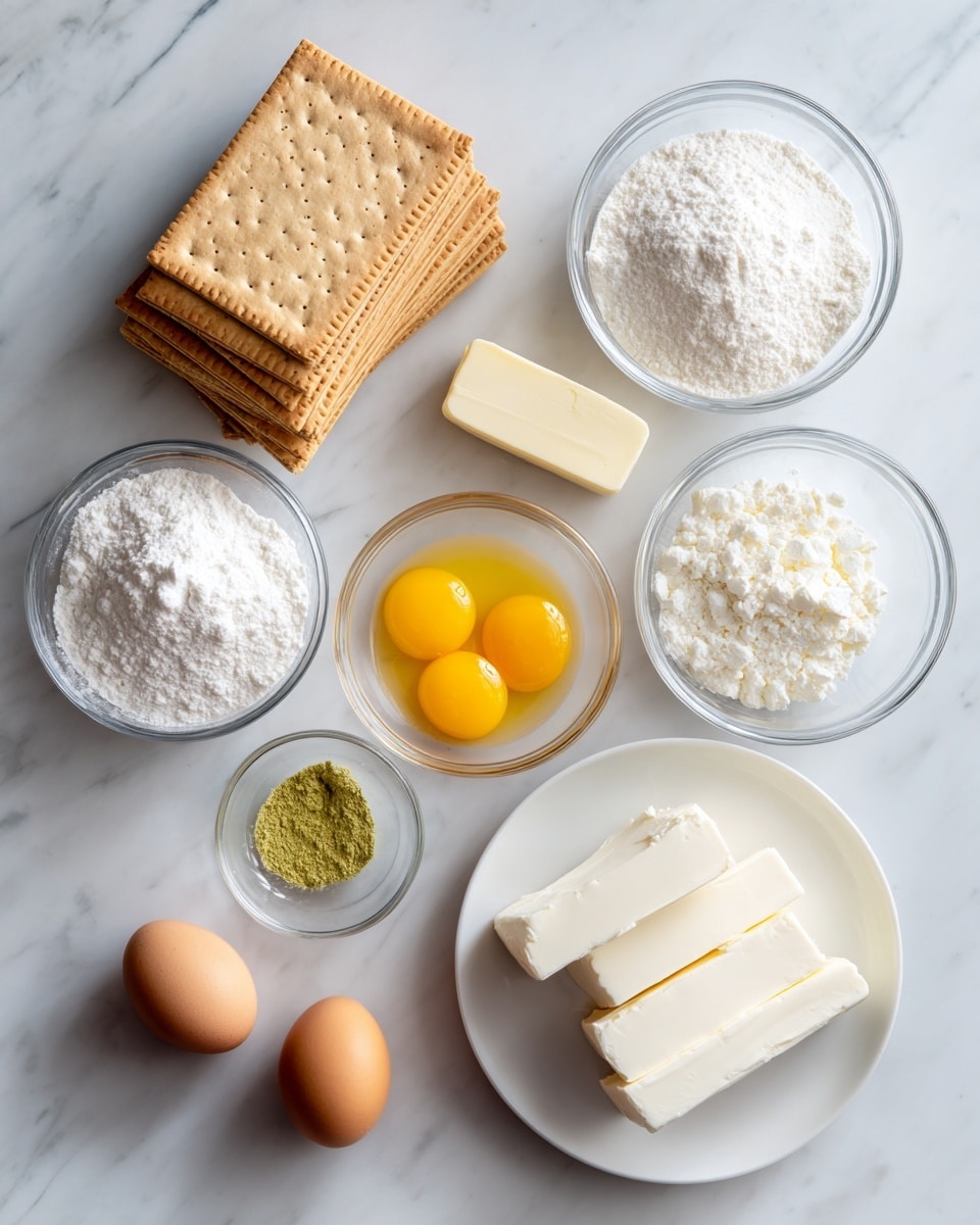The image shows several clear glass bowls and a white plate on a white marble surface, each containing different ingredients. On the white plate at the bottom right, there are three thick blocks of white cream cheese with a smooth, soft texture. Above the plate and spread arranged in the middle, there are clear glass bowls with white granulated sugar, white flour, and a white thick liquid likely cream, each with fine, powdery or smooth textures. To the side, there is a small glass bowl with two bright yellow egg yolks, while two whole brown eggs are placed directly on the marble surface near the top left. At the top center, there is a stack of rectangular beige graham crackers laid flat, with a stick of pale yellow butter placed nearby. Lastly, a small glass bowl contains finely crushed green matcha powder adding a vibrant color contrast. Photo taken with an iphone --ar 4:5 --v 7