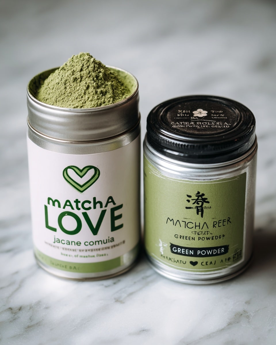 The image shows two small cans of matcha powder placed side by side on a white marbled surface. The left can is larger with a green and white label featuring a heart-shaped logo and the text