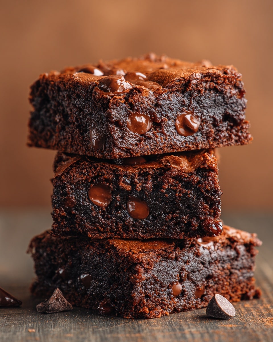 Three thick layers of dark chocolate brownies stacked one on top of the other with visible chunks of melted chocolate scattered across the cracked, shiny top surfaces of each layer. The brownies have a dense, moist texture with a rich, dark brown color, and small pockets of melted chocolate dots glisten on the edges. The stack sits on a white marbled surface with a soft blurred brown background, highlighting the deep chocolate tones. photo taken with an iphone --ar 4:5 --v 7