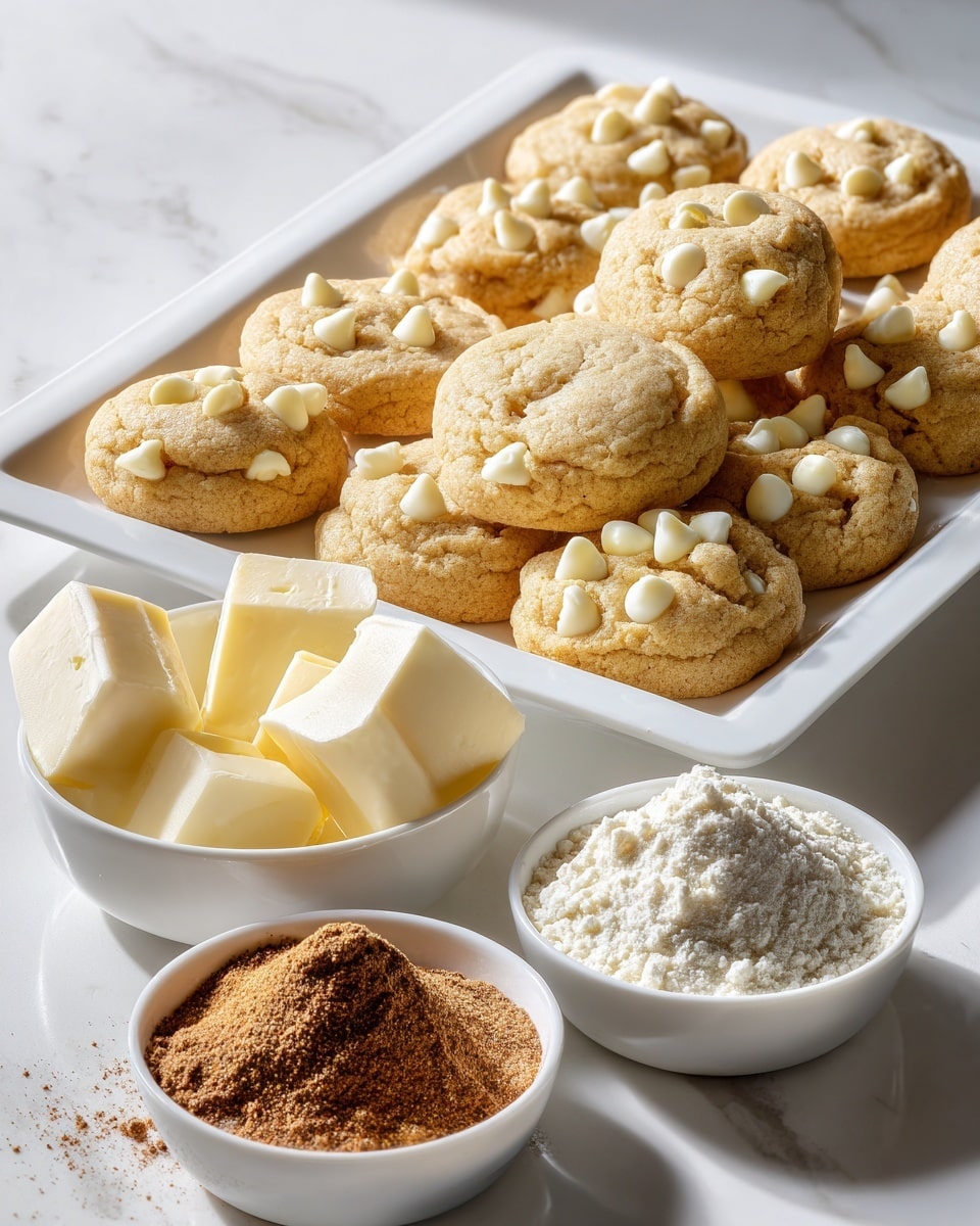 A white tray holds three rows of soft, round cookies with light golden tops dotted with white chocolate chips, each cookie looking slightly different in shape and texture. In front of the tray are three white bowls; one containing square chunks of pale butter, one with a mound of fine white flour, and the smallest holding a heap of ground brown spice. Everything is set on a white marbled surface, and the light shines softly to highlight the smooth textures of the ingredients and cookies. photo taken with an iphone --ar 4:5 --v 7