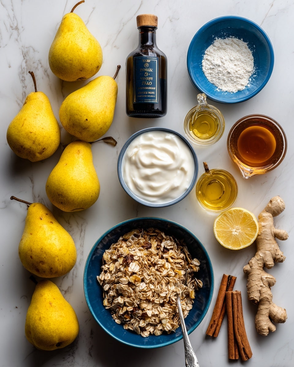 The image shows a flat lay of ingredients on a surface half white marbled texture and half dark wood. On the left, there are six yellow pears placed in two rows. Next to the pears on the dark wood side is a dark bottle with a white label. Moving right on the white marble side, there is a small glass jug with a golden liquid at the top left, a blue bowl with a powdery white substance near the center top, and a blue cup filled with thick white cream with a silver spoon inside. Below that is a larger blue bowl filled with granola containing oats and dried fruit. To the right of the granola bowl, there are three brown cinnamon sticks and half a peeled lemon. At the top right side, there is a small glass jug with light yellow liquid, a silver teaspoon with granola on it, and a piece of fresh ginger root. Below that is a small brown bowl filled with amber liquid. All items are carefully arranged with good lighting, photo taken with an iphone --ar 4:5 --v 7