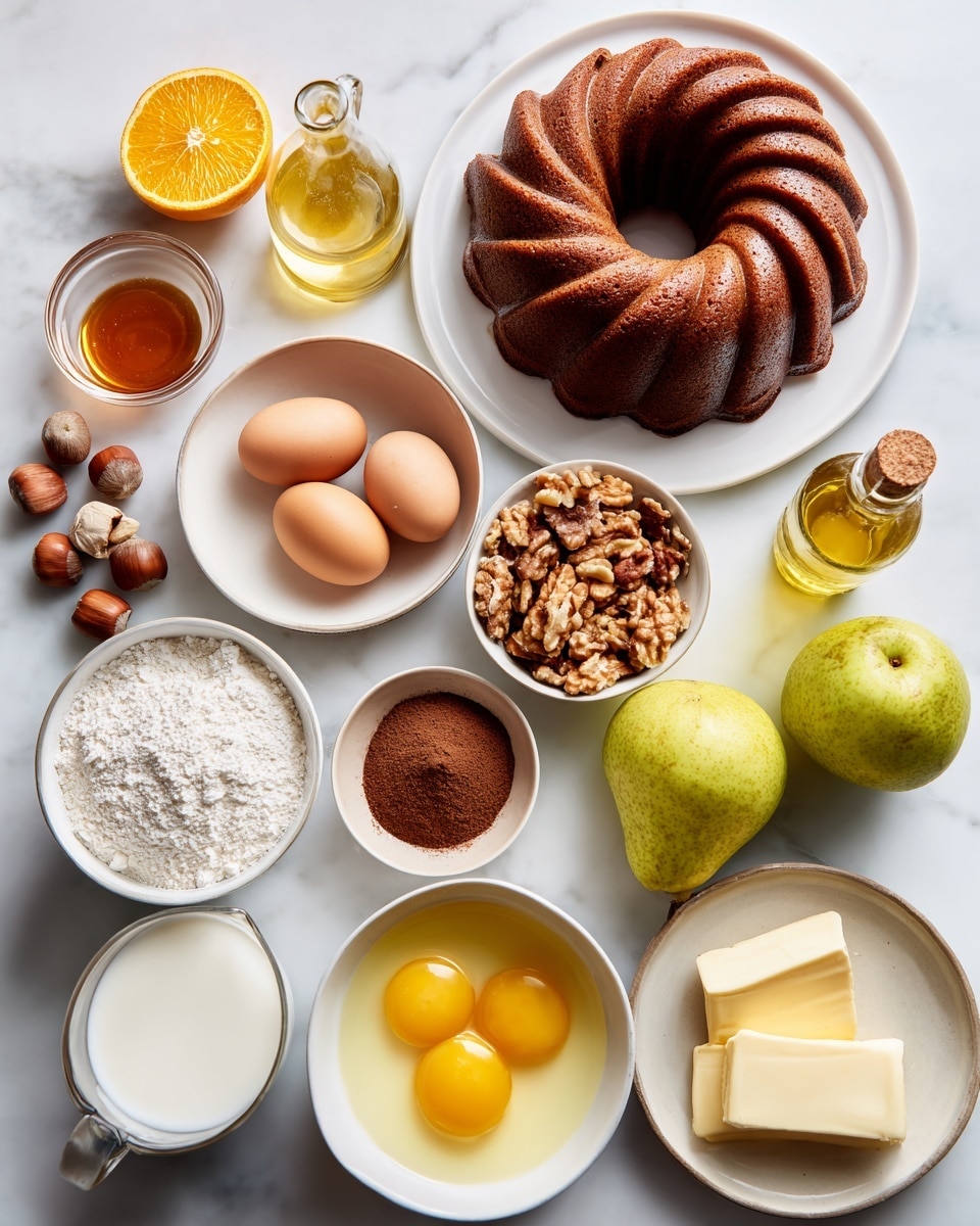 The image shows an arrangement of baking ingredients on a smooth white marbled surface. At the center top is a brown Bundt cake with a ridged pattern on a white plate. To its left, a halved bright orange sits next to a small glass of honey. Below, a white bowl holds two raw eggs with visible yellow yolks. Beside the eggs, there are two whole green pears at the bottom right. A bowl of white flour is on the left, with a small jar of vanilla extract and a bowl of whole hazelnuts below it. Next to the flour, bowl of chopped nuts sits above a bowl of chopped nuts in the middle right, near a small container with cocoa powder. Butter slices lie in a small plate near the center, and a glass of milk is positioned beneath the butter. On the far right, there is a small bottle of oil. All items are neatly spaced, placed on a white marbled tabletop. Photo taken with an iphone --ar 4:5 --v 7