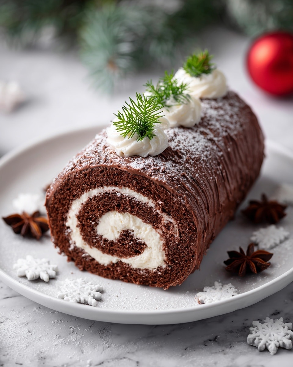 The image shows a chocolate cake roll on a white rectangular plate, placed on a white marbled surface. The cake has three main visible layers: a rich, dark brown chocolate sponge rolled tightly, a creamy white filling spiraling inside, and a smooth chocolate coating on the outside with a texture that looks like tree bark. The top of the cake is dusted with powdered sugar and decorated with small white dollops of cream and green pine leaf garnishes, with a star anise placed next to the leaves. A slice of the cake is cut and laid flat in front of the roll, showing the swirled layers clearly. There are white snowflake-shaped decorations on the plate. Photo taken with an iphone --ar 4:5 --v 7