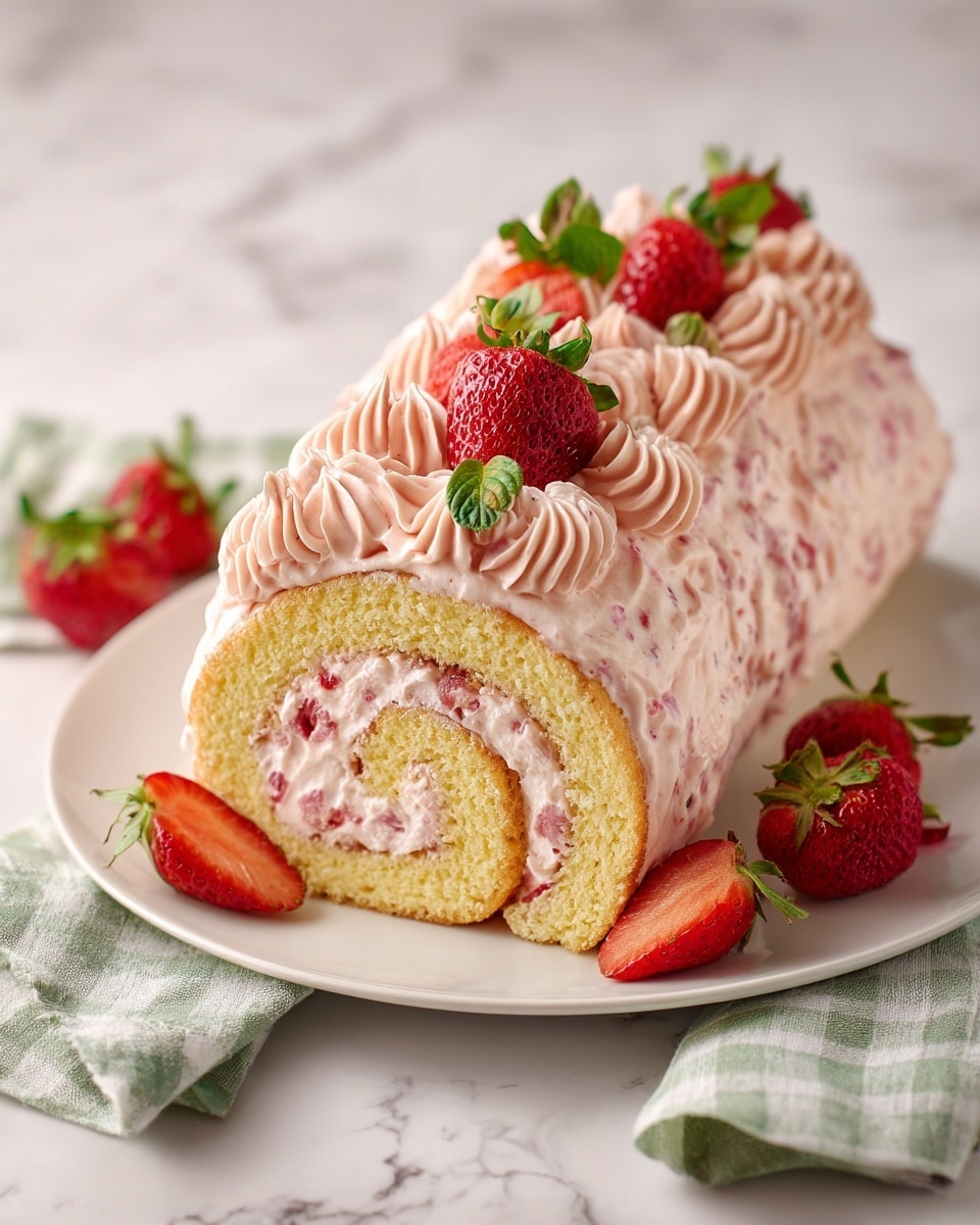 The image shows a yellow sponge cake roll with a light pink cream filling swirled inside, cut to reveal the spiral pattern. The top layer of the roll is covered with thick, soft pink cream piped in swirls, decorated with halved fresh strawberries placed evenly. The cake is on a white oval plate with whole strawberries around it on a white marbled surface. A green and white checkered cloth is on the side, and two forks are on a small white plate nearby. Photo taken with an iphone --ar 4:5 --v 7