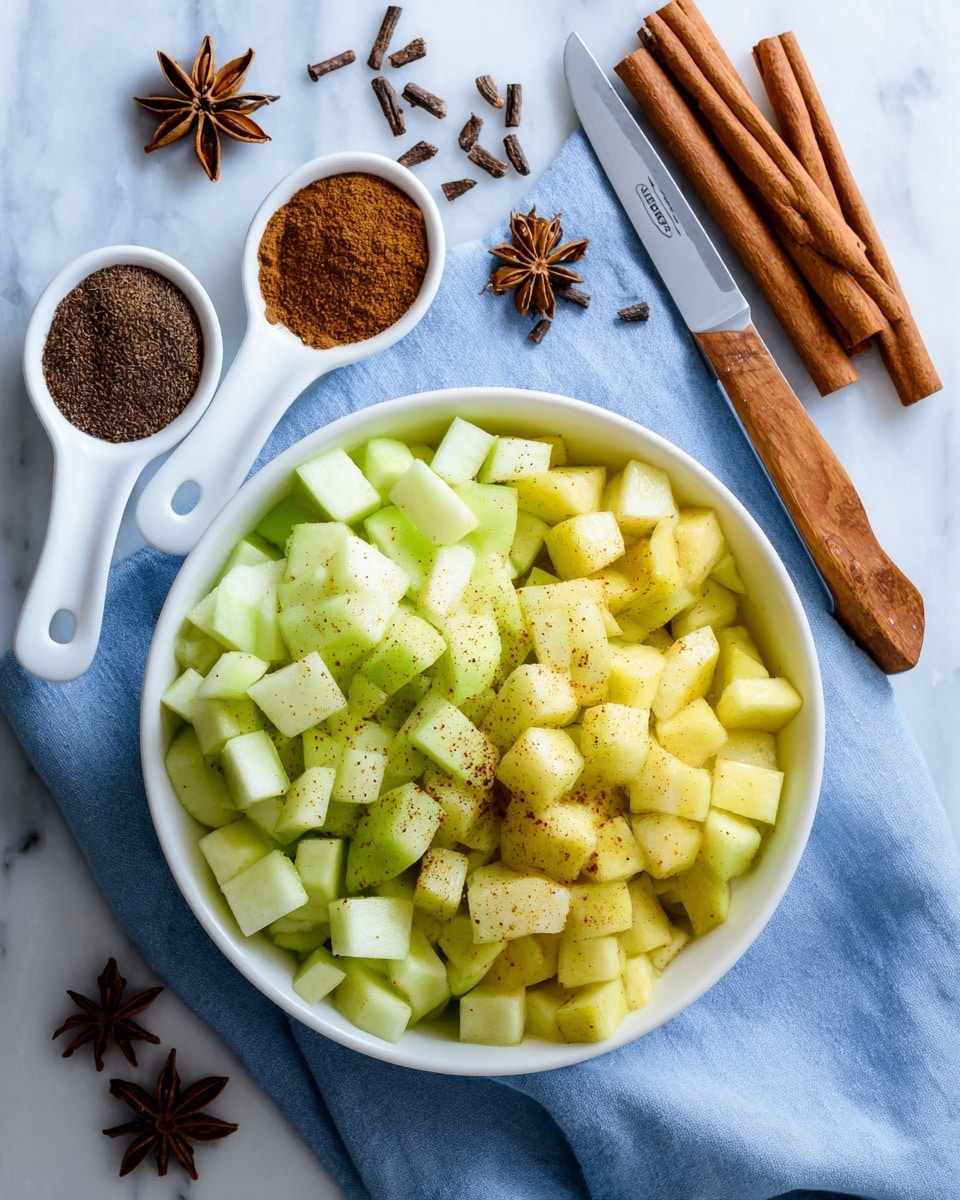 A white bowl filled with two layers of chopped fruit, the top layer is light green apple pieces and the bottom layer is pale yellow apple pieces, both cut into rough, chunky cubes. The bowl sits on a blue dish towel that is placed on a white marbled surface. To the left of the bowl, there are two small white measuring spoons with ground cinnamon and ground cloves, scattered whole cloves, and three cinnamon sticks arranged neatly below. A knife with a wooden handle rests on the blue towel above the bowl. The scene is bright and clean. Photo taken with an iphone --ar 4:5 --v 7