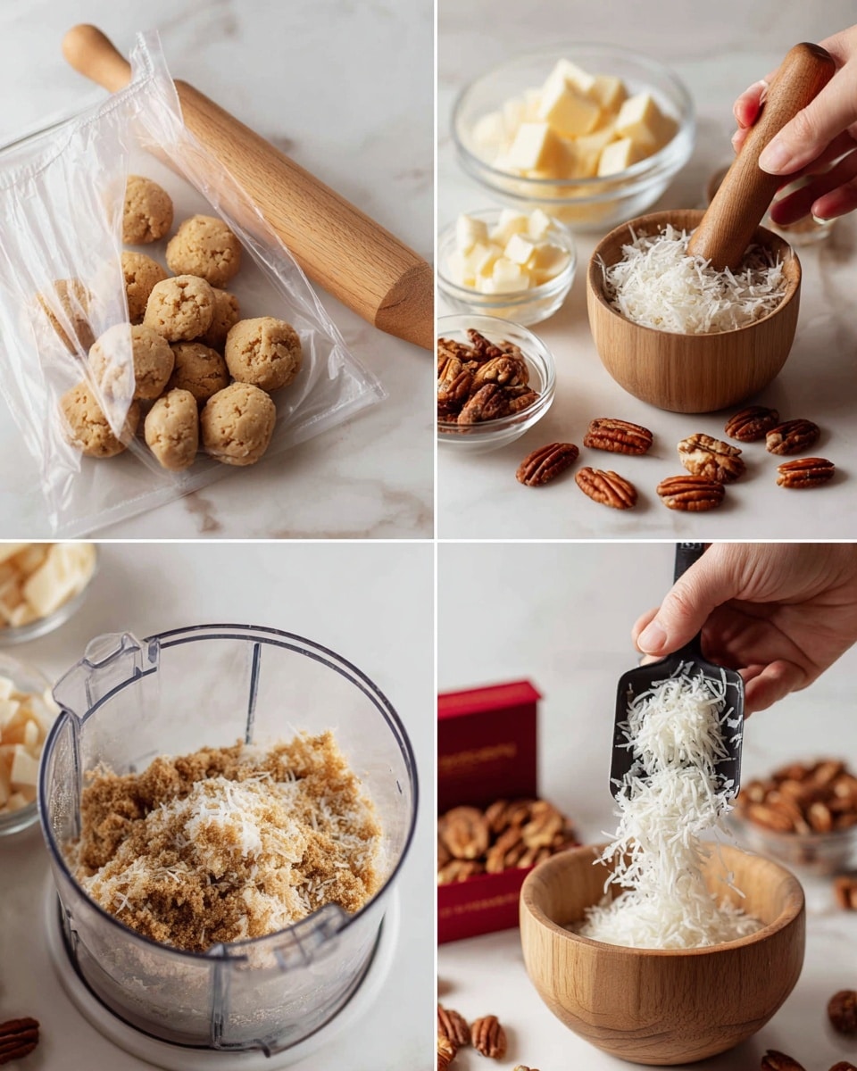 This image shows four steps of making a crumb mixture. In the first step, round light brown cookies are placed inside a clear plastic ziplock bag with a wooden rolling pin resting on top, while small glass bowls filled with cubed butter and coconut flakes are visible in the background on a white marbled surface. The second step shows a woman's hand using a wooden pestle to crush cookies inside a round wooden mortar, with bowls of cubed butter and pecans in the background on the same white marbled surface. In the third step, a woman's hand is adding white coconut flakes into a food processor containing the round cookies and some pecans. The final step shows a woman's hand holding a clear glass bowl filled with finely ground crumbs that have a mix of light brown and white textures, with a black spatula resting inside the bowl. Loose cookies and a corner of a red box are also visible on the white marbled surface near the bowl. Photo taken with an iphone --ar 4:5 --v 7