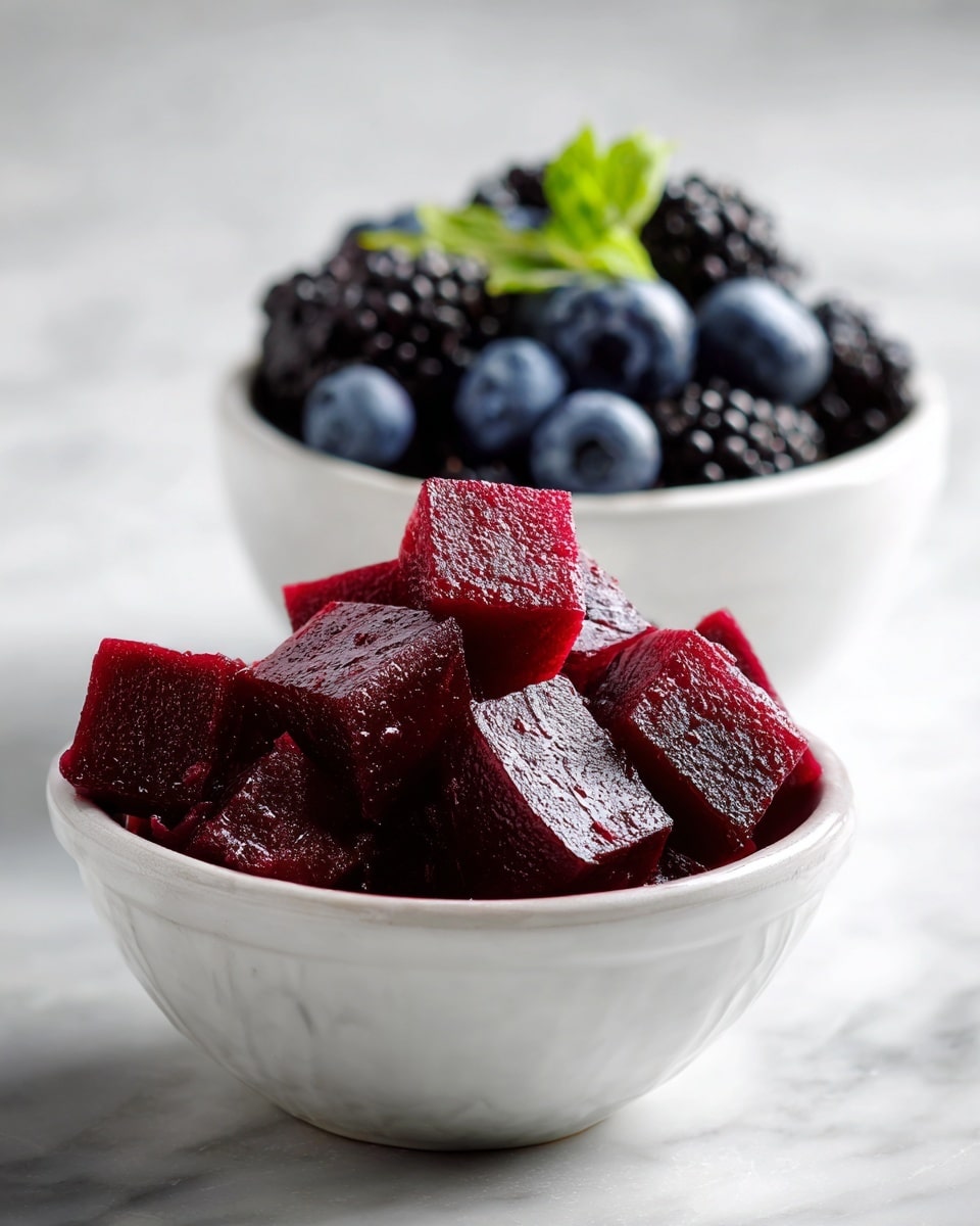 The image shows two white bowls on a white marbled surface; the bowl in the front is filled with dark red, cubed pieces of beetroot with a smooth, moist texture stacked to the top, while the bowl in the background contains dark blueberries and blackberries with a fresh, slightly shiny look, garnished with a small green leafy herb on top. Photo taken with an iphone --ar 4:5 --v 7