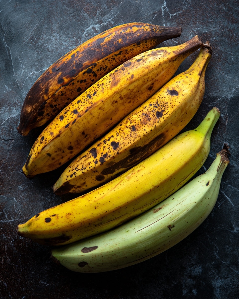 The image shows five plantains arranged diagonally from top left to bottom right on a dark textured surface. The plantains vary in ripeness from the top to the bottom: the top two are mostly yellow with many dark brown spots and lines, the middle one is yellow with fewer spots, the fourth is light yellow with very few spots, and the bottom one is pale green with minimal dark lines. The background is a white marbled texture. photo taken with an iphone --ar 4:5 --v 7