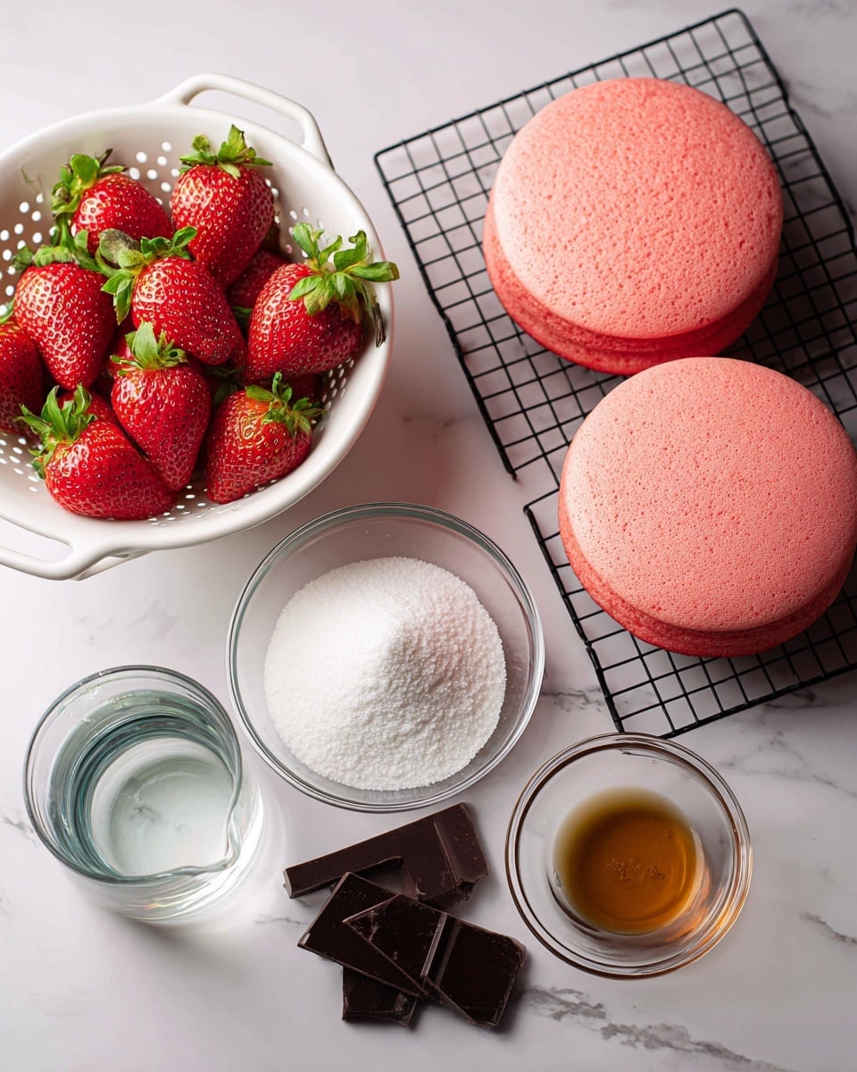 Two round pink cake layers with a smooth, slightly textured surface sit on a black cooling rack at the top right on a white marbled surface. To the left, there is a white colander filled with fresh red strawberries with green leaves. Below the colander is a clear glass bowl full of white sugar, next to it on the right is another clear glass bowl containing egg whites. In front of the egg whites bowl is a tiny empty clear glass dish, to its right is a small clear glass dish with a brown liquid, and next to that are two pieces of dark chocolate. At the bottom left is a clear glass measuring cup with water. Everything is placed neatly on the white marbled surface. photo taken with an iphone --ar 4:5 --v 7