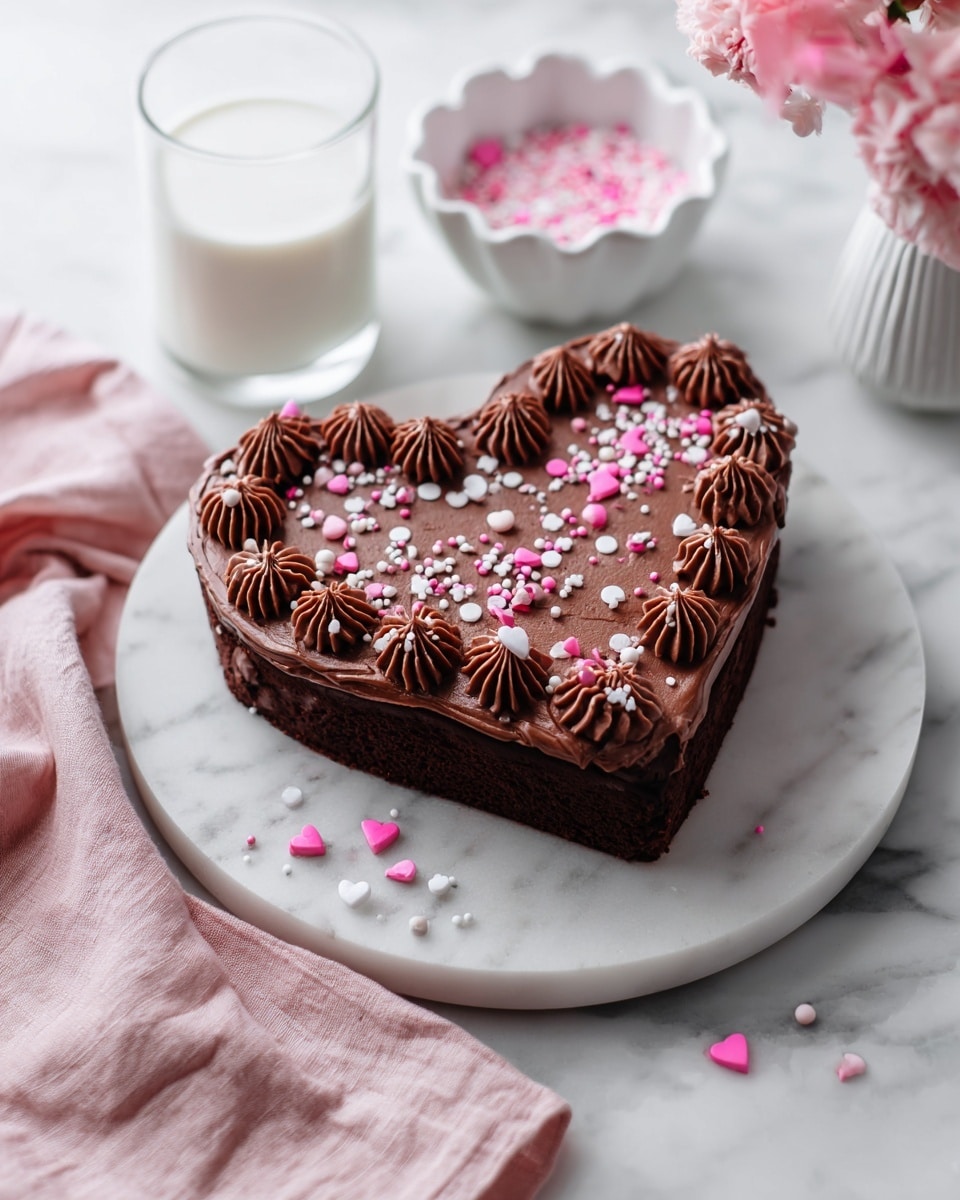 A heart-shaped chocolate cake with one layer frosted evenly in smooth dark brown chocolate, decorated with a thick border of piped star shapes in darker chocolate around the edge. The top is sprinkled with small white and pink heart-shaped sprinkles and tiny round white and pink candy beads, some scattered on the white marbled surface around the cake. The cake sits on a round white marble platter, with a white marbled background and a coral cloth partially visible at the bottom right. Photo taken with an iphone --ar 4:5 --v 7
