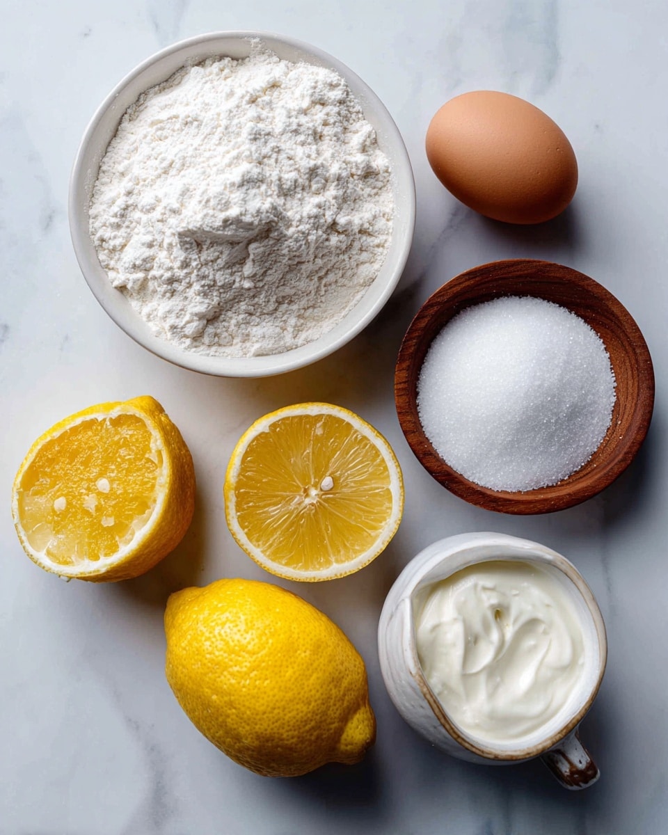The image shows ingredients laid out on a white marbled surface. There are two halves of a bright yellow lemon with visible juicy pulp in the center. Surrounding the lemons, there is a small white bowl filled with fine white flour, a small wooden bowl with coarse white salt, a round white bowl filled with white sugar, a clear glass jug containing white cream, and a brown egg placed on the surface. The scene is bright and clean, with soft natural lighting. photo taken with an iphone --ar 4:5 --v 7