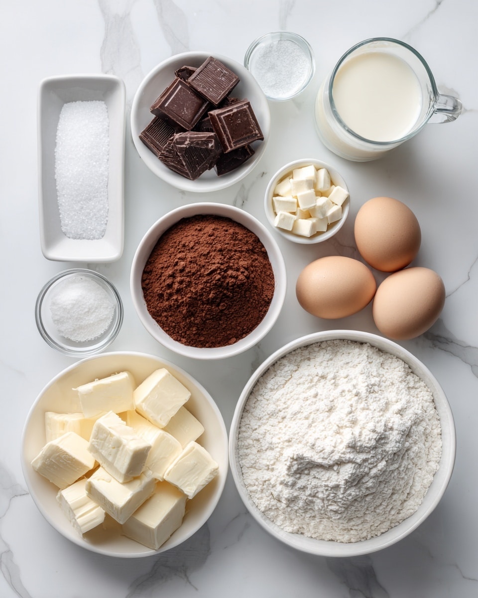 The image shows several white bowls and dishes arranged neatly on a white marbled surface. From left to right, there is a small white rectangular dish with salt, a small white bowl with dark chocolate pieces, a larger white bowl filled with brown cocoa powder, a tiny white bowl with white salt, a small glass bowl with baking soda, a white bowl with butter cubes, a glass cup of clear water behind the butter, a white bowl with milk, two brown eggs placed side by side in front of the milk, a large white bowl full of white flour, and a large white bowl filled with white sugar. The scene is bright and clean, with no hands or other items visible, photo taken with an iphone --ar 4:5 --v 7
