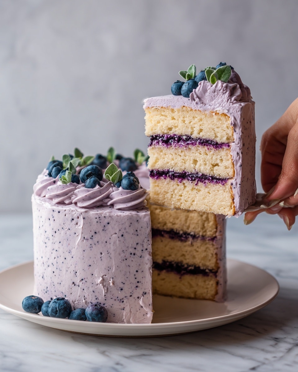 The image shows a three-layer vanilla cake covered in light purple frosting with small dark specks, placed on a white plate on a white marbled surface. Each vanilla cake layer is separated by thick dark purple blueberry filling and light purple frosting. The cake is frosted smoothly in light purple all around with a spiral pattern on top, decorated with fresh blueberries and small green herb sprigs. A slice of cake is being lifted, showing the clear contrast between the light yellow cake, dark blueberry filling, and purple frosting layers. Photo taken with an iphone --ar 4:5 --v 7