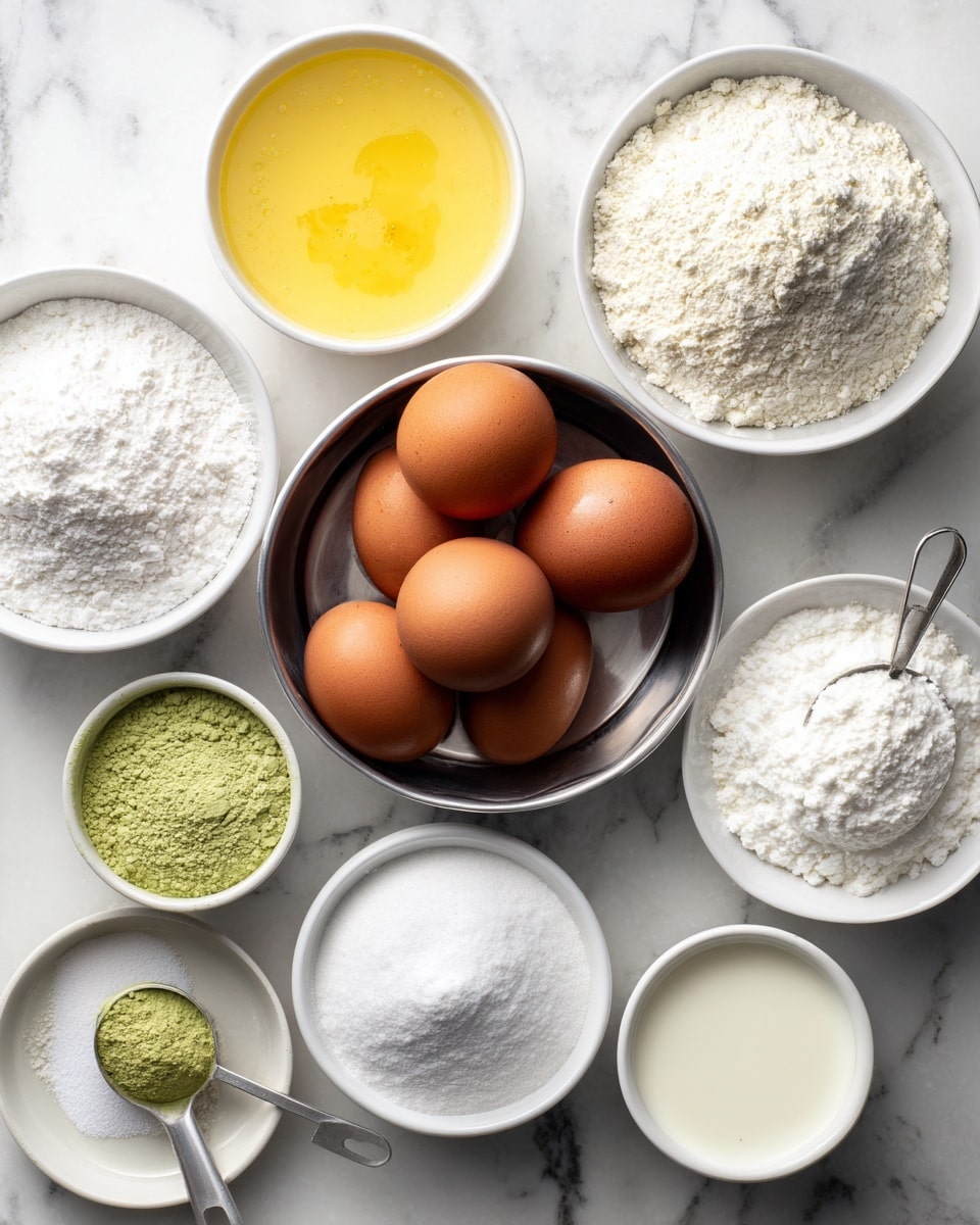 The image shows a white marbled surface with several small white bowls arranged neatly. In the center is a metal bowl holding five brown eggs. Surrounding the eggs, starting from the top left, are white bowls filled with a yellow liquid, flour with a scoop inside, powdered sugar, white granulated sugar, green powder, milk, and a light cream liquid. Each bowl is clean and evenly spaced, creating a tidy and organized setup. photo taken with an iphone --ar 4:5 --v 7