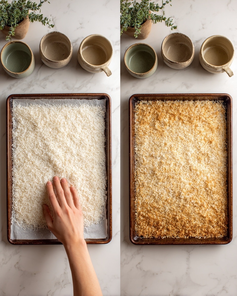 The image shows two side-by-side views of a baking tray with white parchment paper on top. The tray is placed on a white marbled surface. On the left, a woman's hand is spreading a single layer of wide, flat, curly white coconut flakes covering the entire tray. On the right, the same tray shows the coconut flakes toasted to a golden light brown with some darker edges, still spread evenly but with a more crisp texture. In the background, there are a few ceramic mugs and pots in muted earthy tones with small green plants. photo taken with an iphone --ar 4:5 --v 7