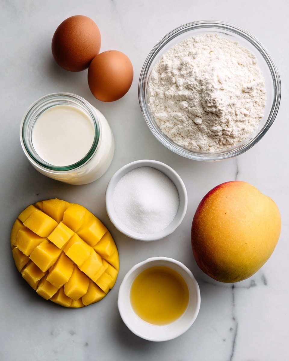 The image shows a white marble surface with seven food items arranged on it. At the top left, there are two whole eggs, one brown and one white. To the right, there is a clear glass bowl filled with white flour. Below the eggs, there is a small glass jar with milk. Next to it on the right, there is a small white bowl filled with white sugar. Below the milk jar, there is a small glass container holding yellow oil. To its right, there is a small white bowl containing a light brown liquid, possibly vanilla extract. Finally, to the far right, there is a whole mango, and at the bottom left corner, another mango is cut in half with a yellow flesh and diced grid pattern from the peel being pushed back. The items are evenly spaced on the white marble background. Photo taken with an iphone --ar 4:5 --v 7