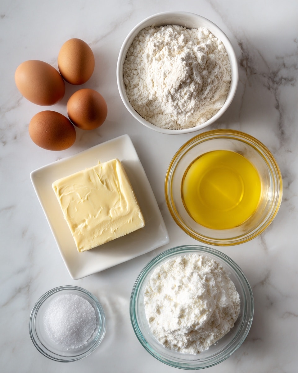 The image shows ingredients for baking on a white marbled surface, including three brown eggs at the top left, a white bowl full of white flour in the middle, and a glass bowl of yellow melted butter at the top right. Below these are a square block of pale yellow butter on the left, a glass bowl filled with white granulated sugar on the right, and a small clear glass bowl with salt at the bottom left. All ingredients are arranged neatly and clearly visible. photo taken with an iphone --ar 4:5 --v 7