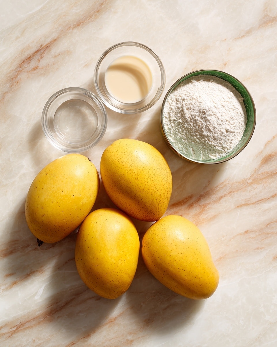 The image shows four small yellow mangoes placed in a group on a white marbled surface. Next to the mangoes, from left to right, there is a small clear bowl of light beige cream, a small clear bowl of white liquid, a small clear bowl filled with white to light gray flour, and a green and white can of coconut milk. Photo taken with an iphone --ar 4:5 --v 7