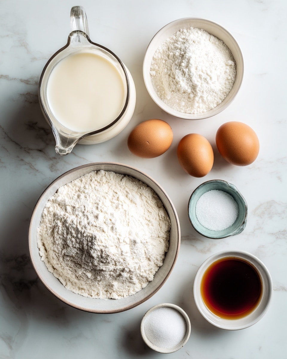 The image shows several bowls and small containers placed on a white marbled surface. In the bottom left, there is a large white bowl filled with white flour. To its top left is a transparent glass jug filled with cream. At the top center, there is a small white bowl holding white powder, likely salt or sugar, and next to it, on the right, a large empty white bowl. Two brown eggs are placed near the center. Below the eggs, a small white bowl contains white granulated sugar. To the right of this, a small white bowl holds a brown liquid, likely vanilla extract. The overall setup looks like the ingredients for baking arranged neatly on the white marbled surface. photo taken with an iphone --ar 4:5 --v 7