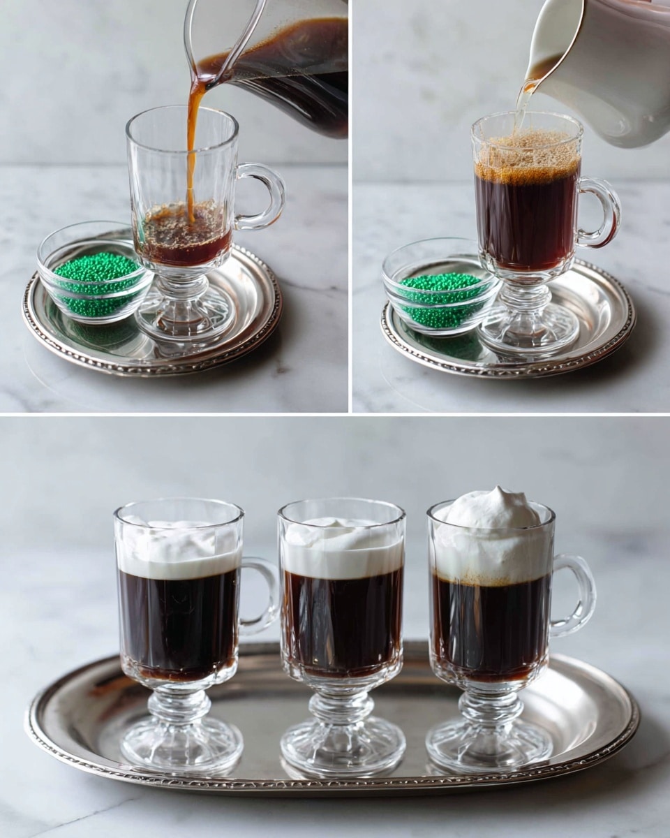 The image shows a step-by-step process of making a coffee drink in four parts. First, a clear glass with a handle is placed on a silver tray, containing a small amount of white sugar at the bottom, with green sprinkles in a small glass bowl nearby on a white marbled surface. Second, dark coffee is poured into the glass, filling about three-quarters of the glass. Third, a light liquid is poured into the dark coffee, creating a visible color mix near the middle of the glass. Fourth, three glasses filled with dark coffee topped with a thick white cream layer sit on the silver tray, with a clean white marbled background behind. Photo taken with an iphone --ar 4:5 --v 7