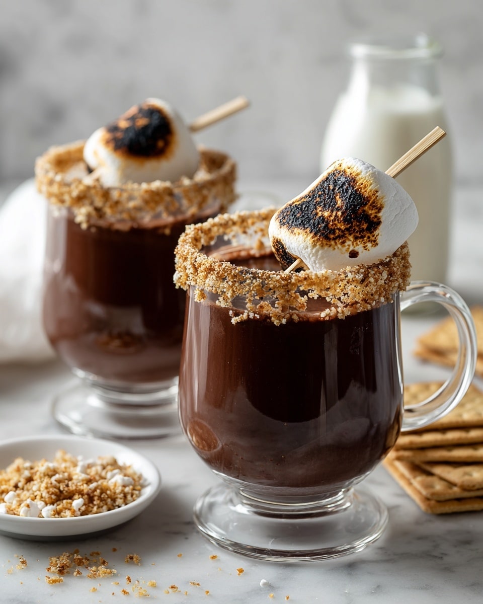 Two clear glasses filled with dark brown hot chocolate, each rimmed with light brown crushed graham crackers. Each glass has a long toasted marshmallow skewer resting on top, showing a charred and blackened texture on one side with white parts on the other. In the background, a small white plate with crushed graham crackers and a small upside-down white glass. A jar filled with white milk also sits slightly blurred behind the hot chocolate. Light-colored square graham crackers are placed on a white marbled surface around the glasses. photo taken with an iphone --ar 4:5 --v 7