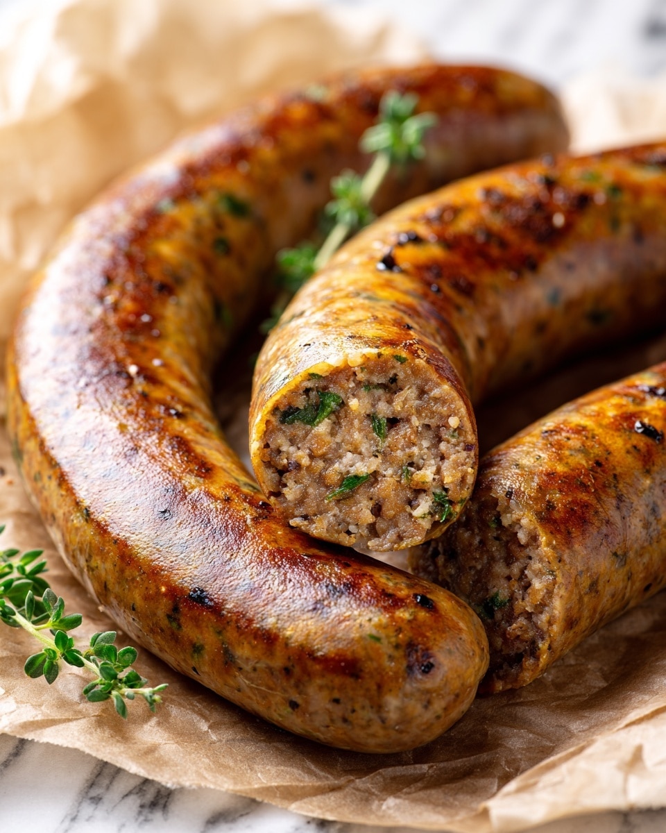 Three sausages with a natural casing and specks of herbs are laid on crinkled brown parchment paper on a white marbled surface. Two whole sausages curve gently, showing a light brown and textured skin with fine flecks of green and black. Two sausage ends are cut open, revealing a dense, coarse filling made of minced meat and spices in light and darker brown tones with small bits of herbs inside. The sausages rest closely together, with one cut end in the center and another slightly blurred in the background. The photo taken with an iphone --ar 4:5 --v 7