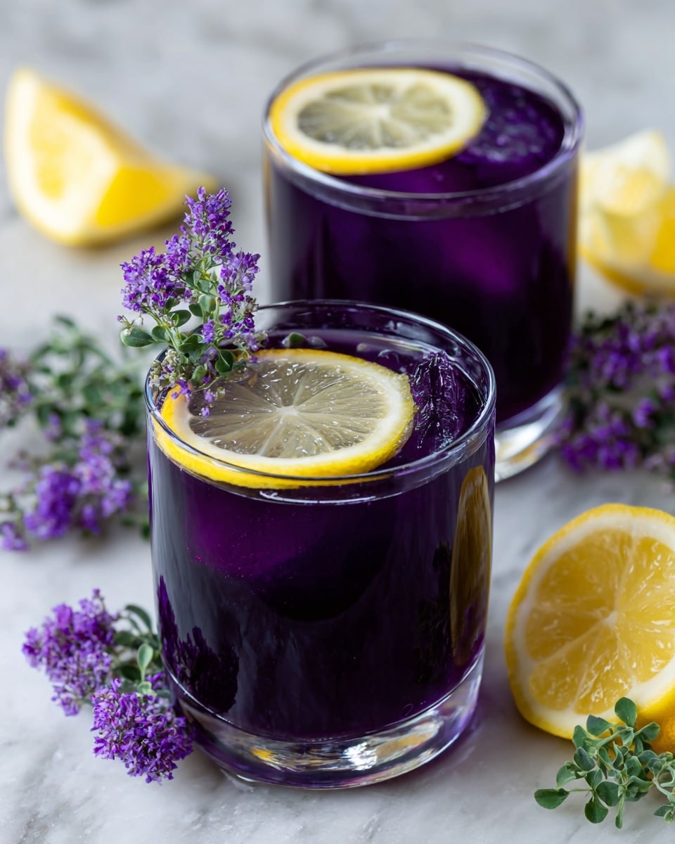 Two clear glasses are filled with a deep purple drink topped with a round slice of lemon floating on the surface. Each glass is garnished with a small lavender flower and green leaves, placed near the lemon slice. The glasses sit on a white marbled surface with a wooden board partially visible on the left side. Scattered around are small pieces of dried lavender and a few lemon wedges, creating a fresh and natural setting. photo taken with an iphone --ar 4:5 --v 7