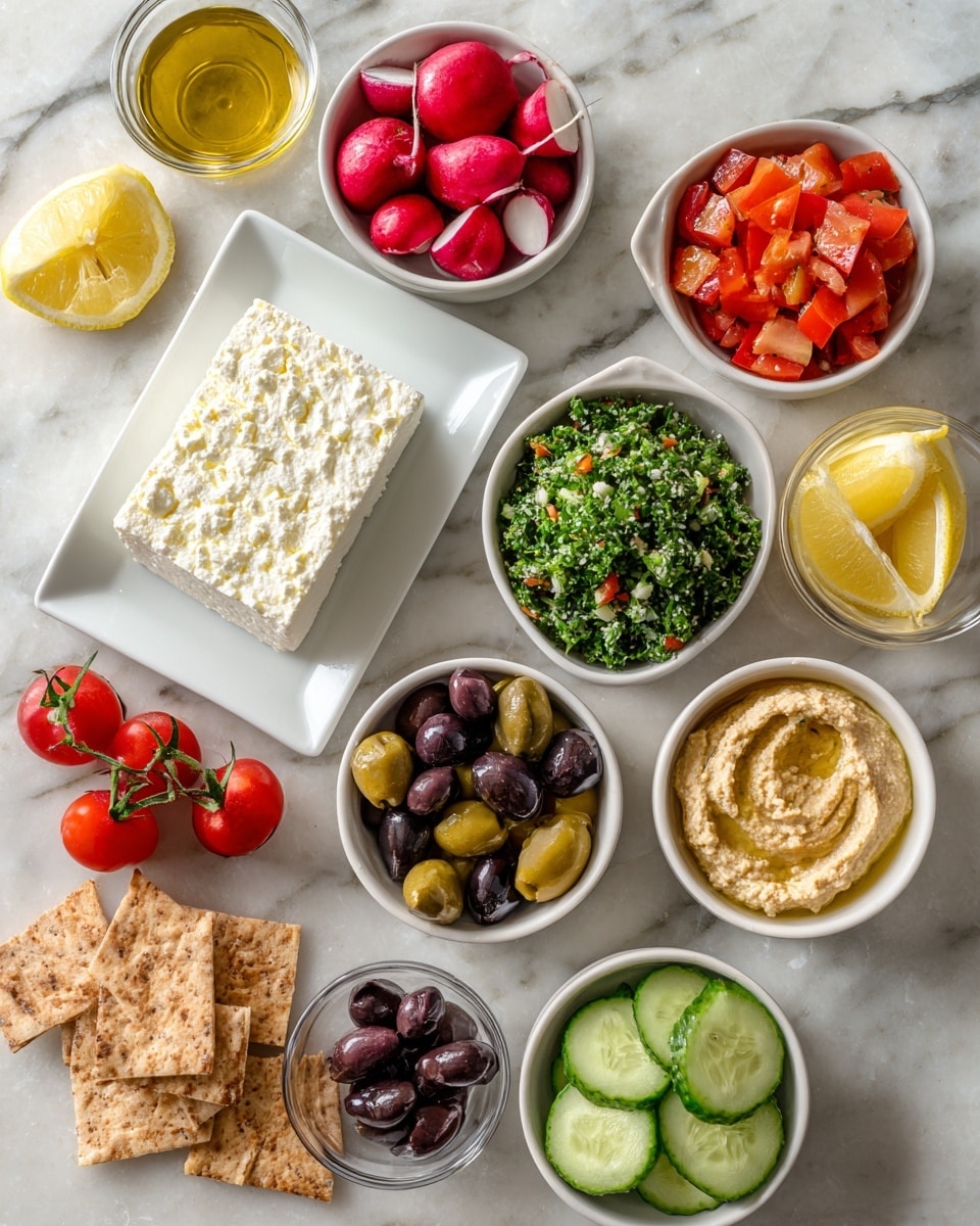 Multiple small white bowls and plates are arranged on a white marbled surface, each holding different fresh ingredients. One bowl contains bright red radishes, another holds mixed green, black, and purple olives. A white plate features a large, square block of white cheese with a crumbly texture. There is a bowl of green tabbouleh salad with finely chopped parsley and diced red tomatoes. Another bowl contains creamy beige hummus with a smooth surface swirled lightly, and a bowl with a similar color but thicker texture. Next to these are lemon wedges in a small clear bowl. On the side of the arrangement are three whole red tomatoes, three green cucumbers, and a small pile of toasted pita chips shaped like triangles. The photo taken with an iphone --ar 4:5 --v 7