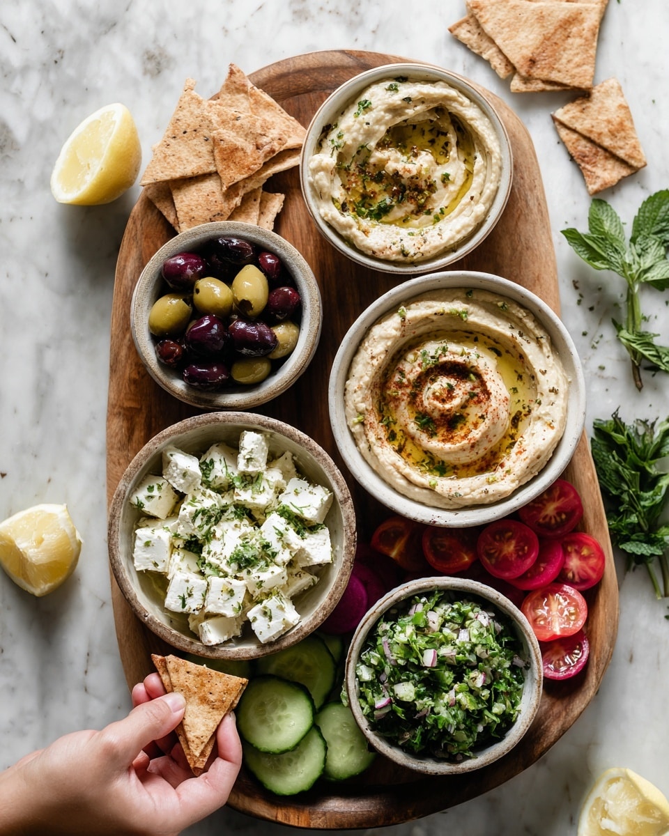 A wooden board is filled with an arrangement of fresh and colorful food. In the top right, a white bowl has smooth, creamy hummus topped with olive oil and a dusting of paprika, with triangular toasted pita chips placed around and one held by a woman's hand dipping in. Below it, there is a white bowl of mixed olives with lemon wedges. On the left, another white bowl holds a thick, light beige dip sprinkled with olive oil and chopped herbs. To the bottom left, cubes of white feta cheese with a sprinkle of herbs fill another white bowl. Next to these bowls, there are sliced red tomatoes, thin rounds of green cucumber, and halved radishes arranged in groups on the board. At the bottom right, a white bowl of finely chopped tabbouleh salad is garnished with a lemon wedge. The entire board is bordered with more toasted pita chips, all set on a white marbled surface photo taken with an iphone --ar 4:5 --v 7