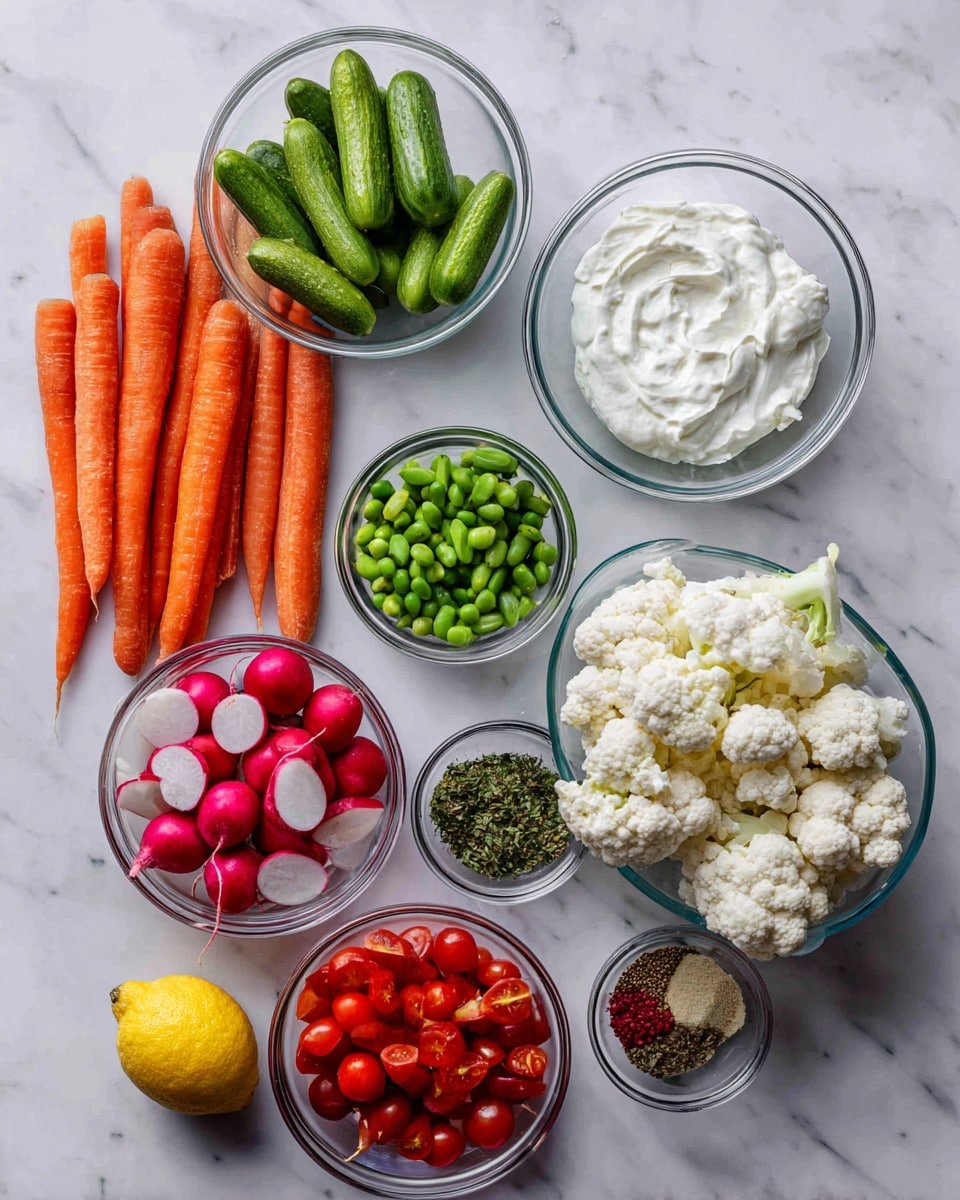 The image shows an organized arrangement of fresh ingredients on a white marbled surface. There are three orange carrots and three green mini cucumbers on the left side. Next to them are small clear glass bowls filled with bright green snap peas, red radishes, and red mini bell peppers. In the center are two clear bowls with thick white creamy sauces or yogurt. A larger clear bowl holds white cauliflower florets. Smaller bowls contain bright red grape tomatoes and a mix of dried herbs and spices in green, white, and brown shades. A whole yellow lemon is placed near the radishes. All bowls and containers are clear glass, and the background is a clean, white marbled texture. Photo taken with an iphone --ar 4:5 --v 7