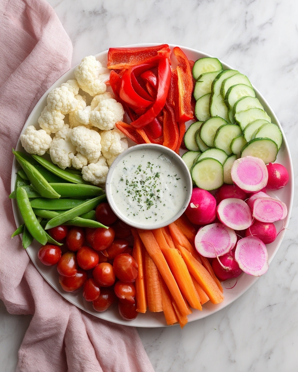 A white plate on a white marbled surface holds several types of fresh vegetables arranged in layers. Starting on the left side, there are white cauliflower pieces, followed by long, light green cucumber slices. Next to them, there is a row of red mini sweet peppers, some halved to show the inside. Beside the peppers, there is a pile of small bright red grape tomatoes, some whole and some sliced in half. Next, thin orange carrot sticks are placed near the tomatoes. Moving right, there is a layer of halved and whole red radishes showing their white inner parts. On the far right side, green sugar snap peas are arranged around a small white bowl filled with thick, white creamy dip topped with green herbs. The plate and bowl contrast with the fresh colorful vegetables, and a soft pink cloth lies nearby. photo taken with an iphone --ar 4:5 --v 7