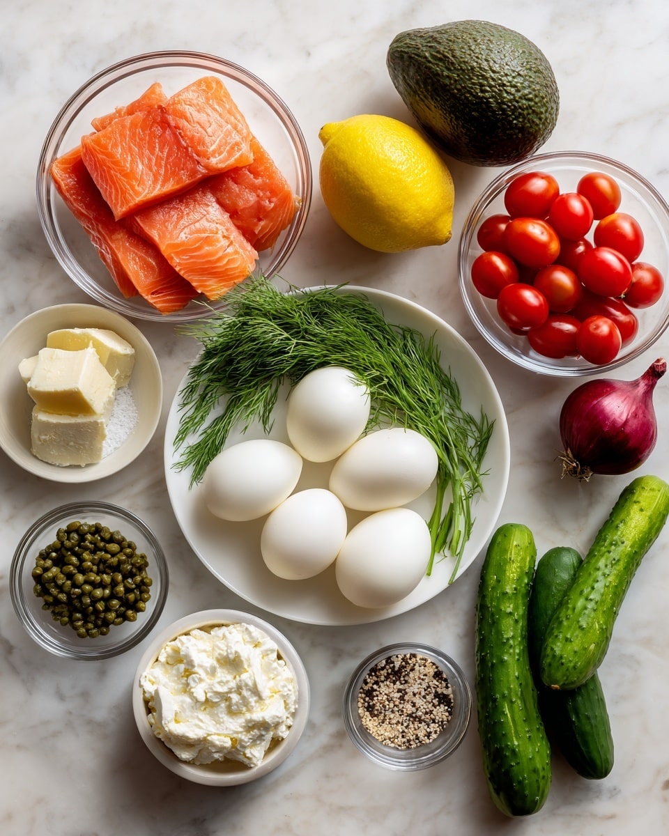 The image shows multiple food ingredients placed on a white marbled surface. At the top left is a glass bowl with several slices of orange-pink smoked salmon. Below it is an avocado with dark green, bumpy skin, and to its right is a bright yellow lemon. In the center is a white plate holding four boiled white eggs. Near the eggs are green dill leaves with long stems. To the top right of the dill is a small glass bowl filled with bright red cherry tomatoes. On the right side is a whole dark red onion and a medium-sized green cucumber. Below the onion and cucumber are two more small glass bowls, one with small green capers and the other with a white block of cream cheese. Near the lemon is another small bowl containing a mix of black and white sesame seeds with some salt. All the items are neatly arranged in a flat lay style, with bright natural light coming from the top, casting soft shadows. photo taken with an iphone --ar 4:5 --v 7