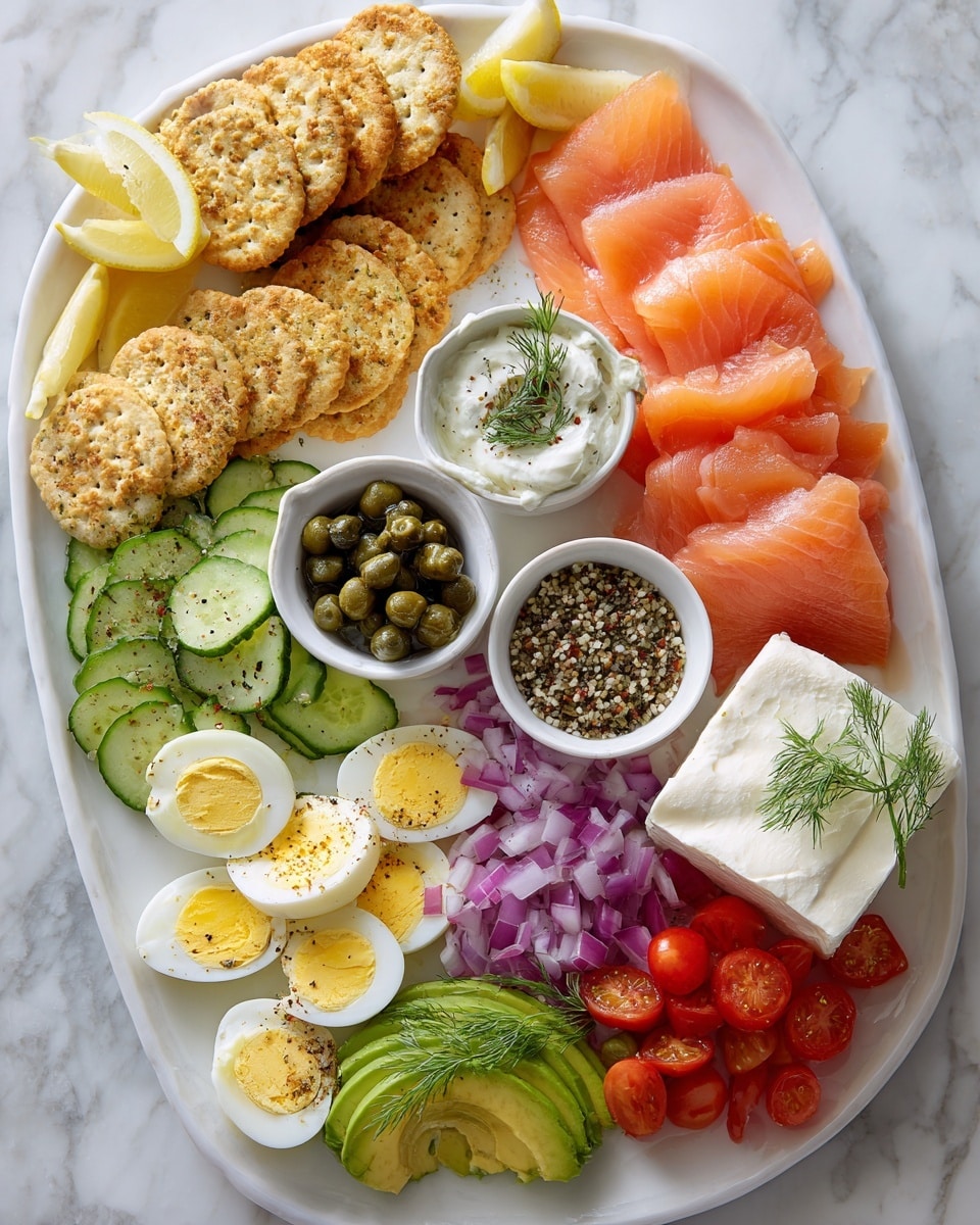 A large oval white plate sits on a white marbled surface, holding a colorful spread of food arranged in neat sections. On the bottom left, there are bright green cucumber slices layered in two rows, next to slices of lemon pointing outward. Above them, a small white bowl holds a mix of black and white seeds. Around the plate, pinkish-orange folded slices of smoked salmon form several curved piles on the right and top left areas. Two groups of sliced hard-boiled eggs with yellow yolks and white edges lie near the center, sprinkled with black seasoning. A small white bowl at the top holds green capers, while another white bowl at the bottom right contains finely chopped purple onions. Bright red cherry tomatoes fill the space near the bottom center, with two green avocado slices fan-shaped near the tomatoes and lemon wedges. A square piece of white cream cheese is topped with green dill and seasoning near the top right. Round light brown crackers sit on the left side near the salmon. Photo taken with an iphone --ar 4:5 --v 7