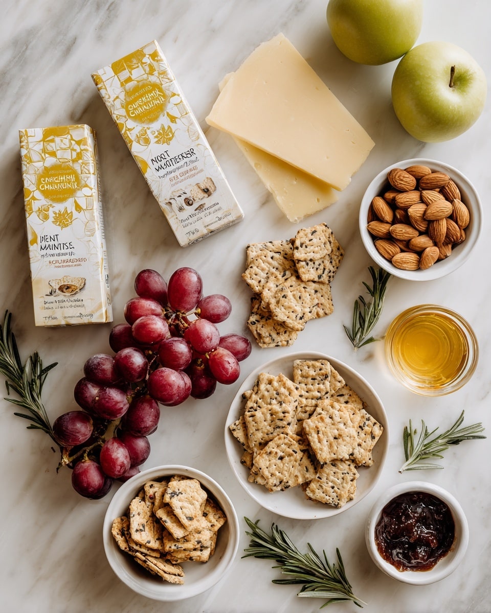 The image shows a white marbled surface with two boxes of Crunchmaster crackers placed side by side, one labeled multi-seed with a yellow and white design and the other labeled multi-grain with a brown and white design. Between the boxes and bowls are two thick wedges of pale yellow cheese and a bunch of red grapes, as well as fresh sprigs of rosemary. Around these are four small white bowls, each filled with different items: one with light brown almonds, one with hexagonal multi-seed crackers, one with rectangular multi-grain crackers, and one holding dark brown fig jam. A small glass bowl with golden honey is also in the setup, along with a shiny green apple on the upper right side. The arrangement is neat and colorful, all on the clean white marbled surface photo taken with an iphone --ar 4:5 --v 7