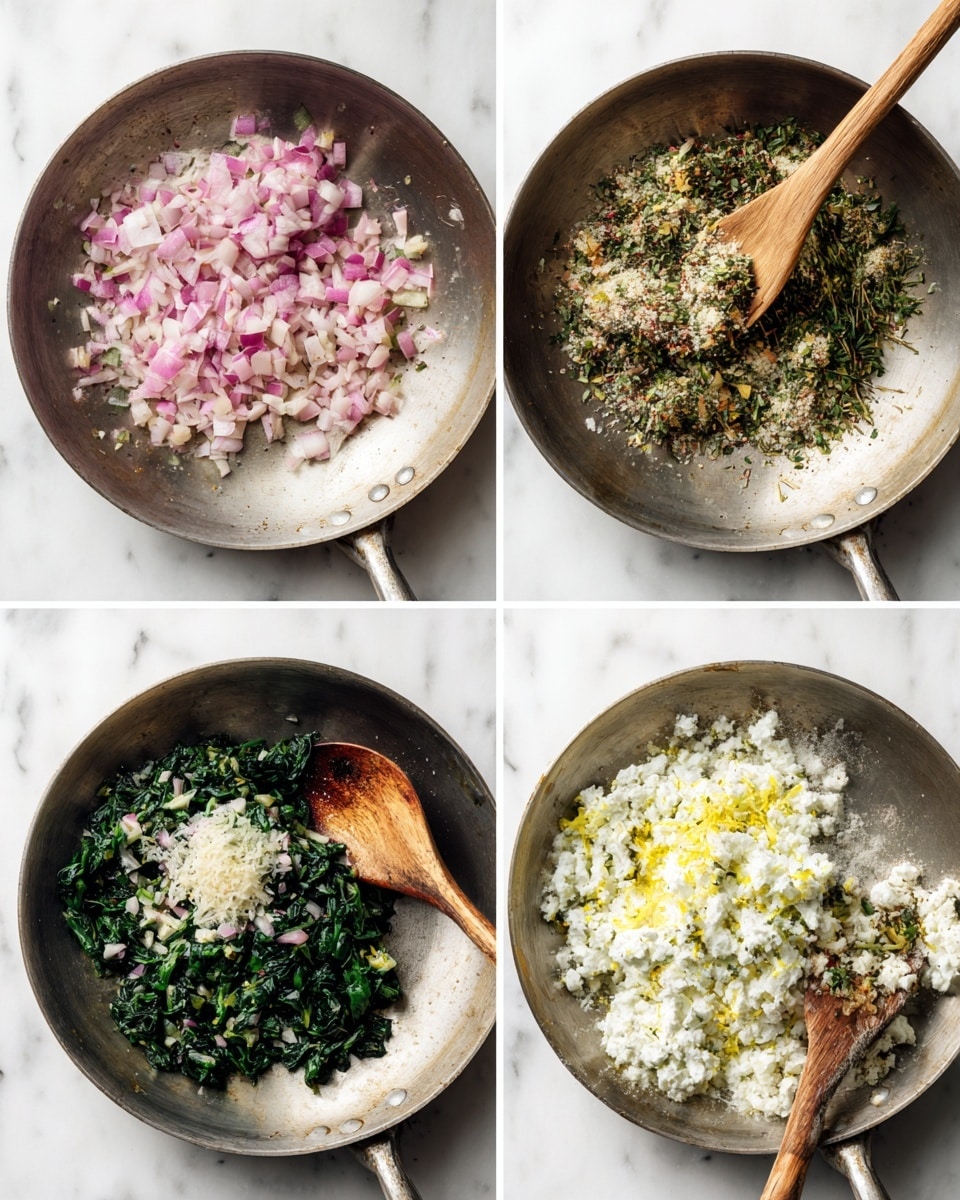 A set of four images showing a cooking process in a metal pan on a white marbled surface. The first image has small, translucent pink and white diced onions scattered in the pan with a wooden spoon resting among them. The second image shows the onions mixed with small green herbs and spices, with the wooden spoon holding a small mound of this mix. The third image is filled with several layers: a large portion of dark green chopped spinach on one side, a mound of white crumbly cheese with some yellow lemon zest on top, and chopped light green onions; the wooden spoon rests on the cheese. The fourth image shows all ingredients mixed together, creating a thick mix of dark green, white, and light green with small flecks of the pink onion and herbs, and the wooden spoon resting in the mixture. Photo taken with an iphone --ar 4:5 --v 7