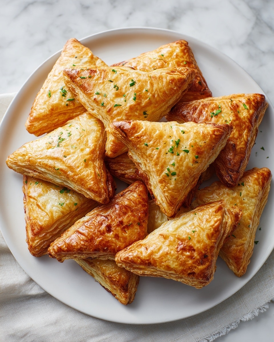 A white plate filled with about ten golden brown, triangular pastries stacked slightly on top of each other, showing flaky, crispy layers with sprinkled small green herb bits for garnish. The plate is placed on a white marbled surface with a white cloth napkin partly tucked under the plate, adding a soft texture contrast to the crisp pastries. photo taken with an iphone --ar 4:5 --v 7