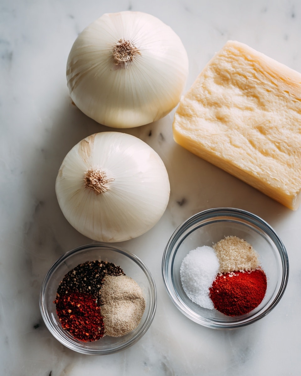 The image shows two whole white onions placed on a white marbled surface, alongside a block of light yellow cheese with a slightly rough texture on one side, and a clear glass bowl holding four small piles of spices: dark brown pepper, white granulated salt, beige powder, and bright red powder. The items are spaced neatly and clearly visible. photo taken with an iphone --ar 4:5 --v 7