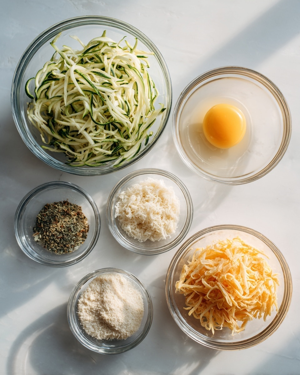 A white marbled surface holds five clear glass bowls with different ingredients, arranged in a loose semicircle. The largest bowl, on the left side, is filled with shredded green zucchini showing light and dark green strands with a moist and fresh texture. To its right, a slightly smaller bowl contains a whole raw egg with a bright yellow yolk and transparent white. Below these two, three small bowls sit in a row: the left one has a mix of dried green and beige spices, the middle one is filled with white, flaky breadcrumbs, and the right one contains a small pile of shredded orange cheddar cheese with soft, thin strands. The light reflects softly off the glass bowls, and the background stays clean and bright. Photo taken with an iphone --ar 4:5 --v 7