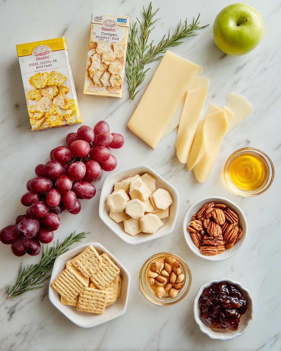 The image shows an arrangement of snack items on a white marbled surface. There are two boxes of Crunchmaster crackers, one yellow and white for rosemary and olive oil flavor, the other beige and white for sea salt multi-grain flavor, placed at the bottom left. A large bunch of red grapes and two sprigs of fresh rosemary lie above the boxes. To the right, there are two thick slices of pale yellow semi-hard cheese. Surrounding the cheese are small white bowls with light beige hexagonal crackers, almonds, pecans, and another bowl with square light beige crackers. There are also two small clear glass bowls, one with golden honey and the other with a dark fruit jam. A bright green apple is near the top right corner. All items are spaced evenly and neatly arranged. Photo taken with an iphone --ar 4:5 --v 7