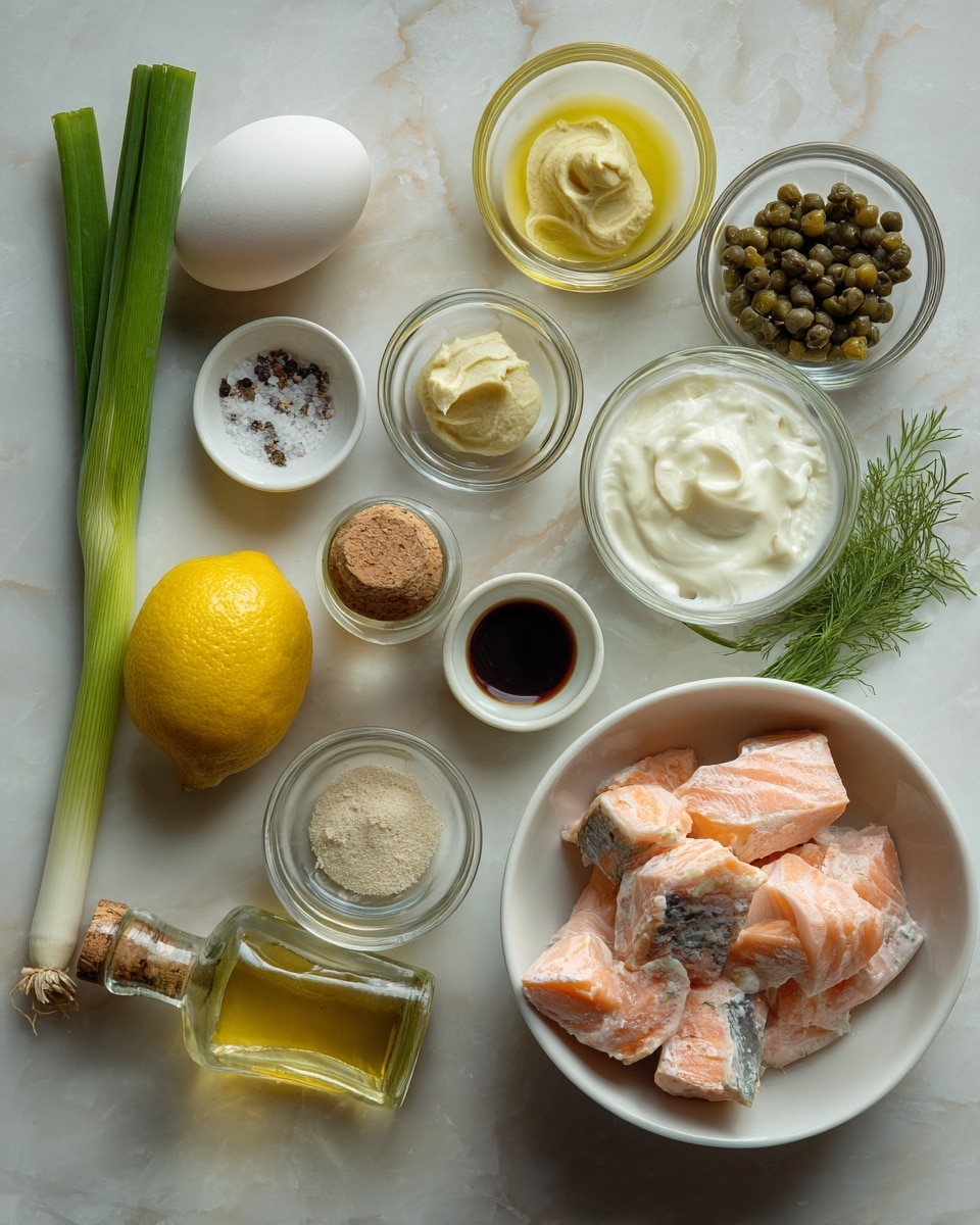 The image shows ingredients neatly arranged on a white marbled surface. There is a whole egg and two long green onion stalks positioned vertically near the center. Next to them is a bright yellow lemon, flanked by small glass bowls containing a dollop of light beige mustard, white creamy yogurt, capers, and a light-colored powder likely bread crumbs. Two additional small bowls hold salt with black pepper and a dark brown liquid, possibly soy sauce or vinegar. A small glass bottle with a cork stopper holds a light golden oil, and a fresh green dill sprig lies beside it. The largest bowl contains chunks of pink cooked salmon with grey skin pieces. All bowls are clear glass, except the yogurt is in a white bowl. The photo taken with an iphone --ar 4:5 --v 7