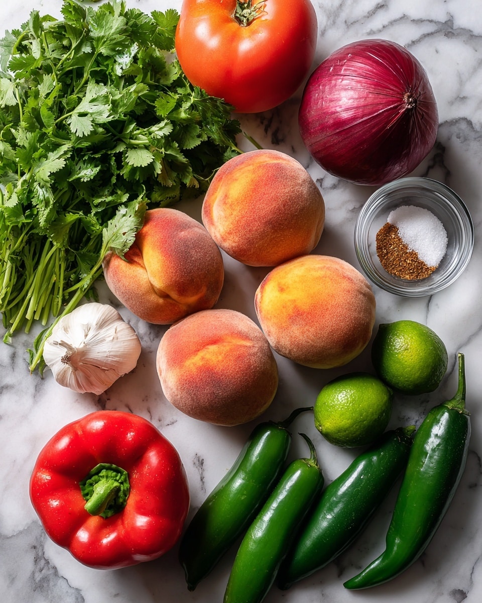 The image shows fresh ingredients laid out on a white marbled surface. There are three whole peaches with a pinkish-orange fuzzy skin placed in the center. Above the peaches, there is one whole red onion with smooth skin, two small glass bowls containing salt with a brown spice, and garlic cloves. To the left, a bunch of bright green cilantro leaves is visible. On the right side, there are two green limes, one dark green jalapeño pepper, and a shiny red bell pepper. At the top left corner, a red tomato is also placed. photo taken with an iphone --ar 4:5 --v 7